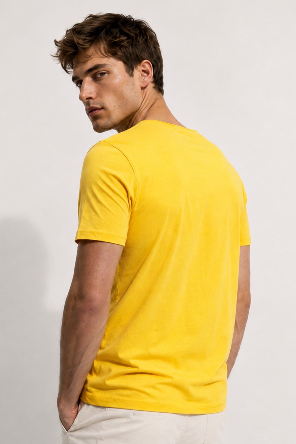 Sarı Erkek Yıkamalı Basic T-shirt