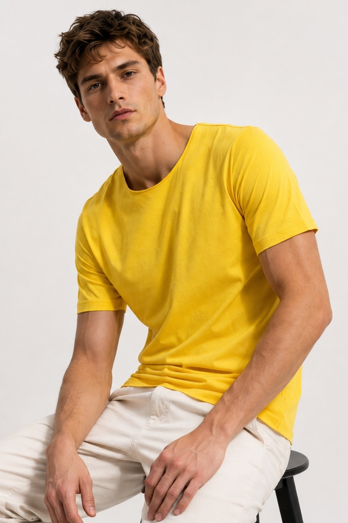 Sarı Erkek Yıkamalı Basic T-shirt