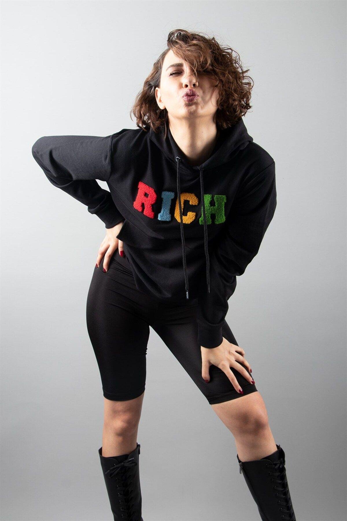 Siyah 2 Iplik Kapüşonlu Sweatshirt