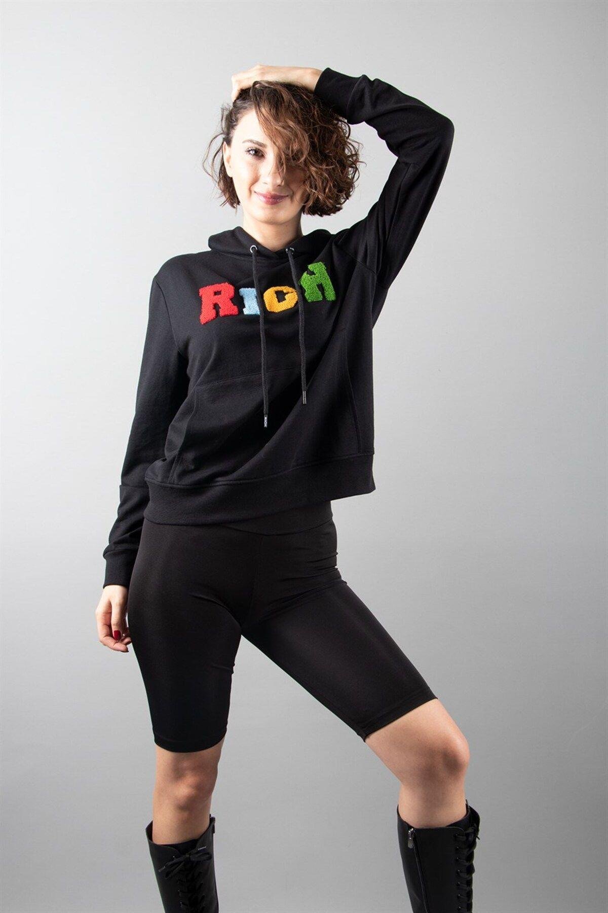 Siyah 2 Iplik Kapüşonlu Sweatshirt