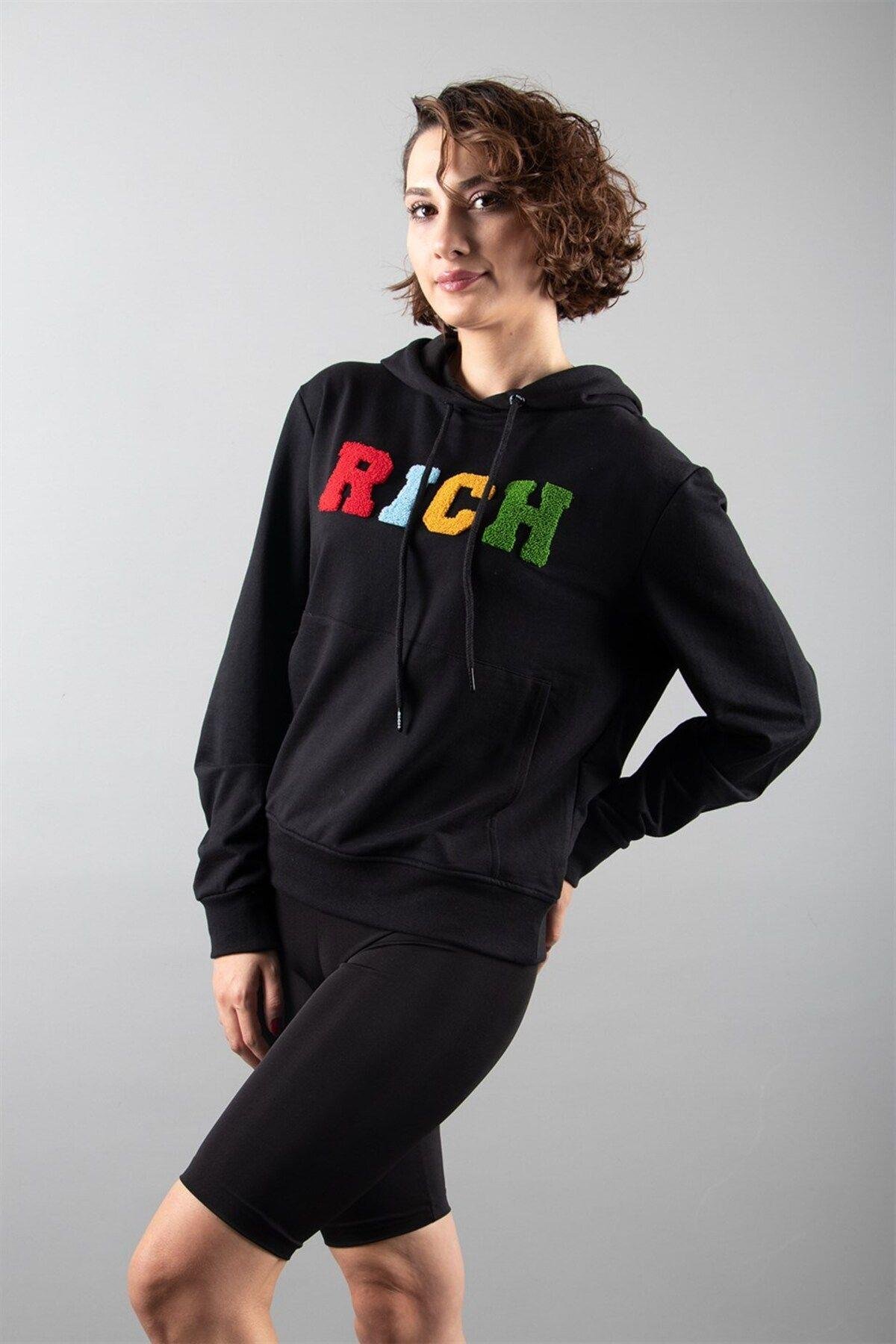 Siyah 2 Iplik Kapüşonlu Sweatshirt