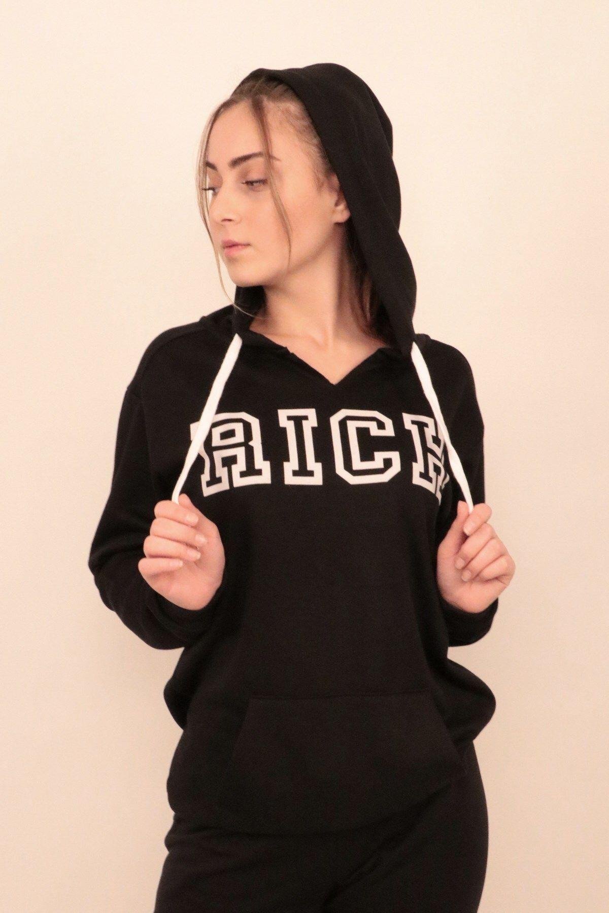 Siyah Kadın Baskılı Kapüşonlu Sweatshirt