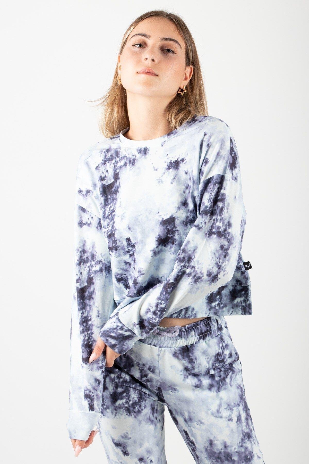 Siyah Kadın Crop Batik Sweatshirt