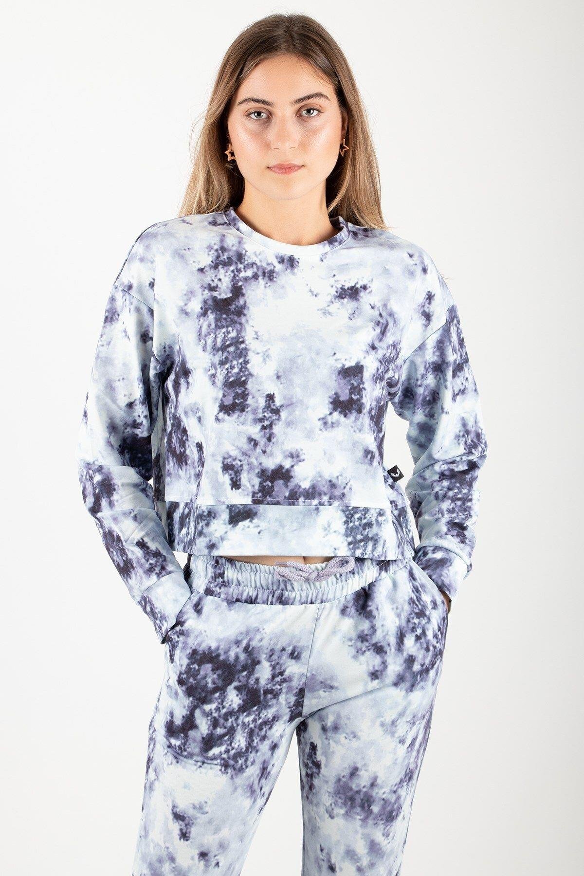 Siyah Kadın Crop Batik Sweatshirt
