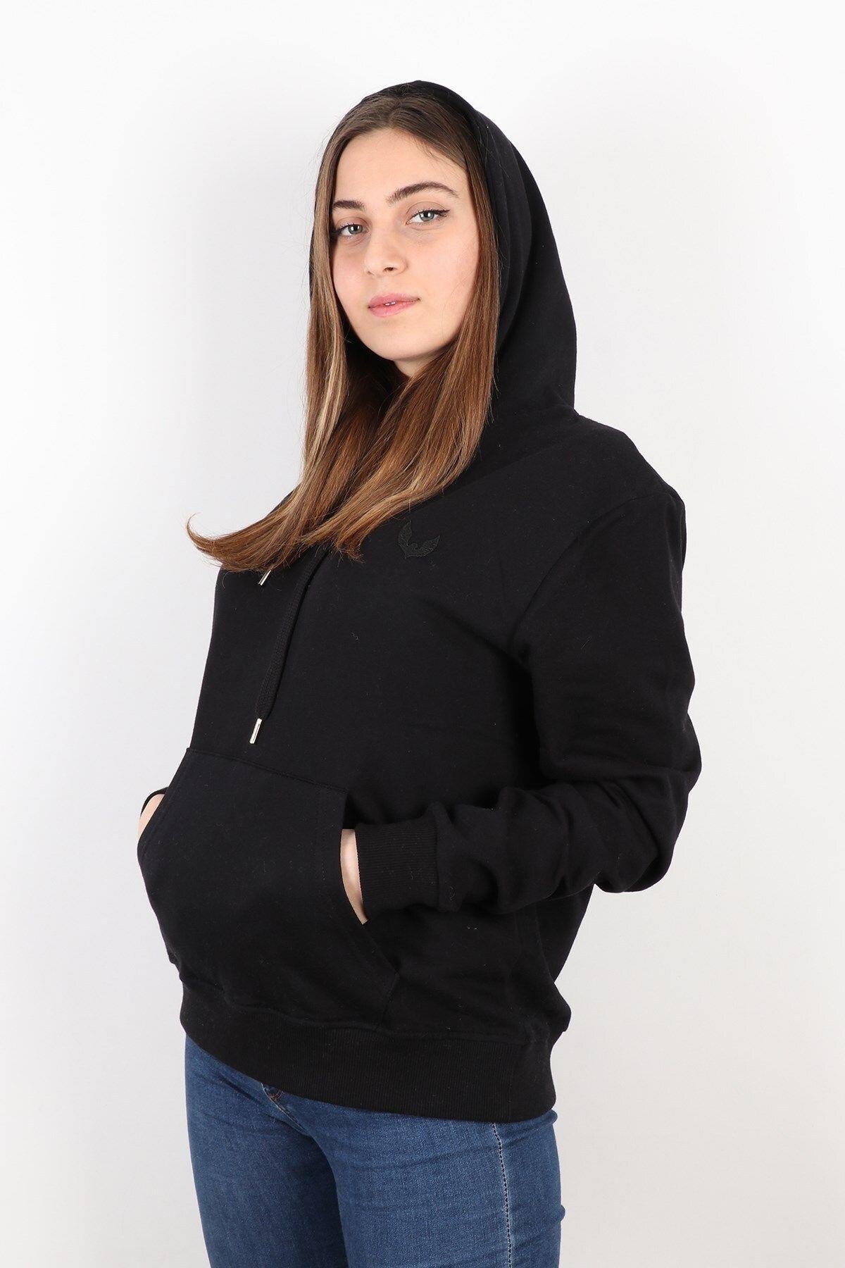 Siyah Kadın Kapüşonlu Sweatshirt