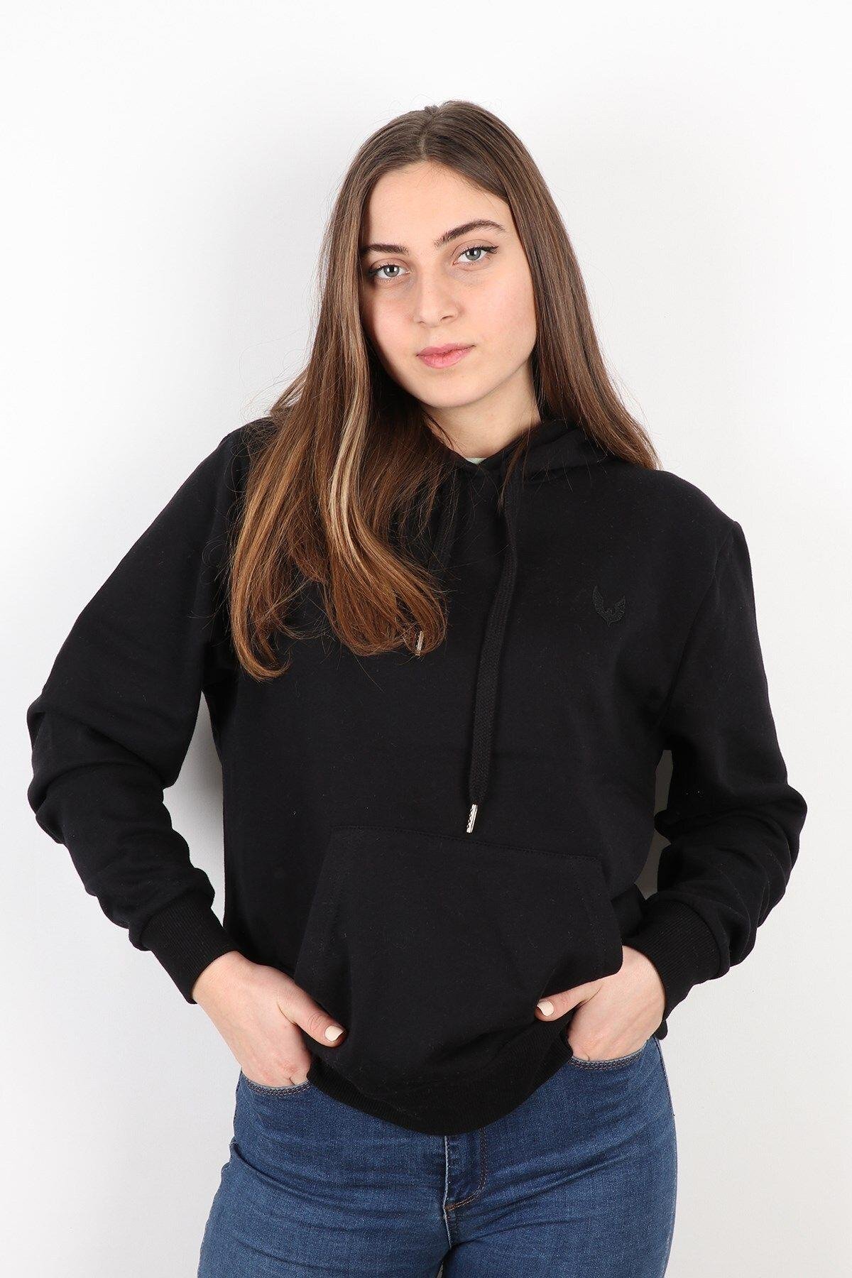 Siyah Kadın Kapüşonlu Sweatshirt