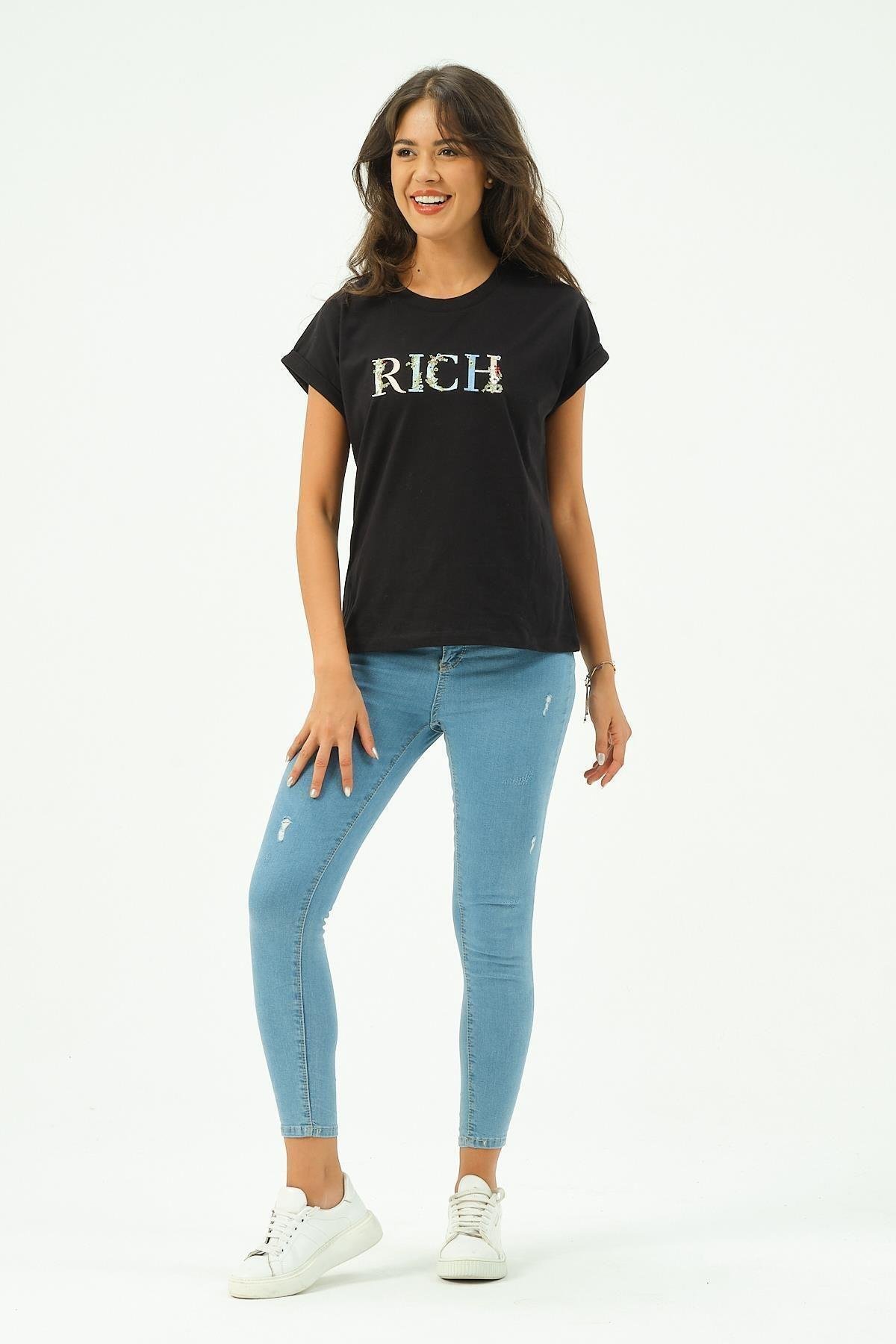 Siyah Kadın Rich Nakışlı Tişört tshirt