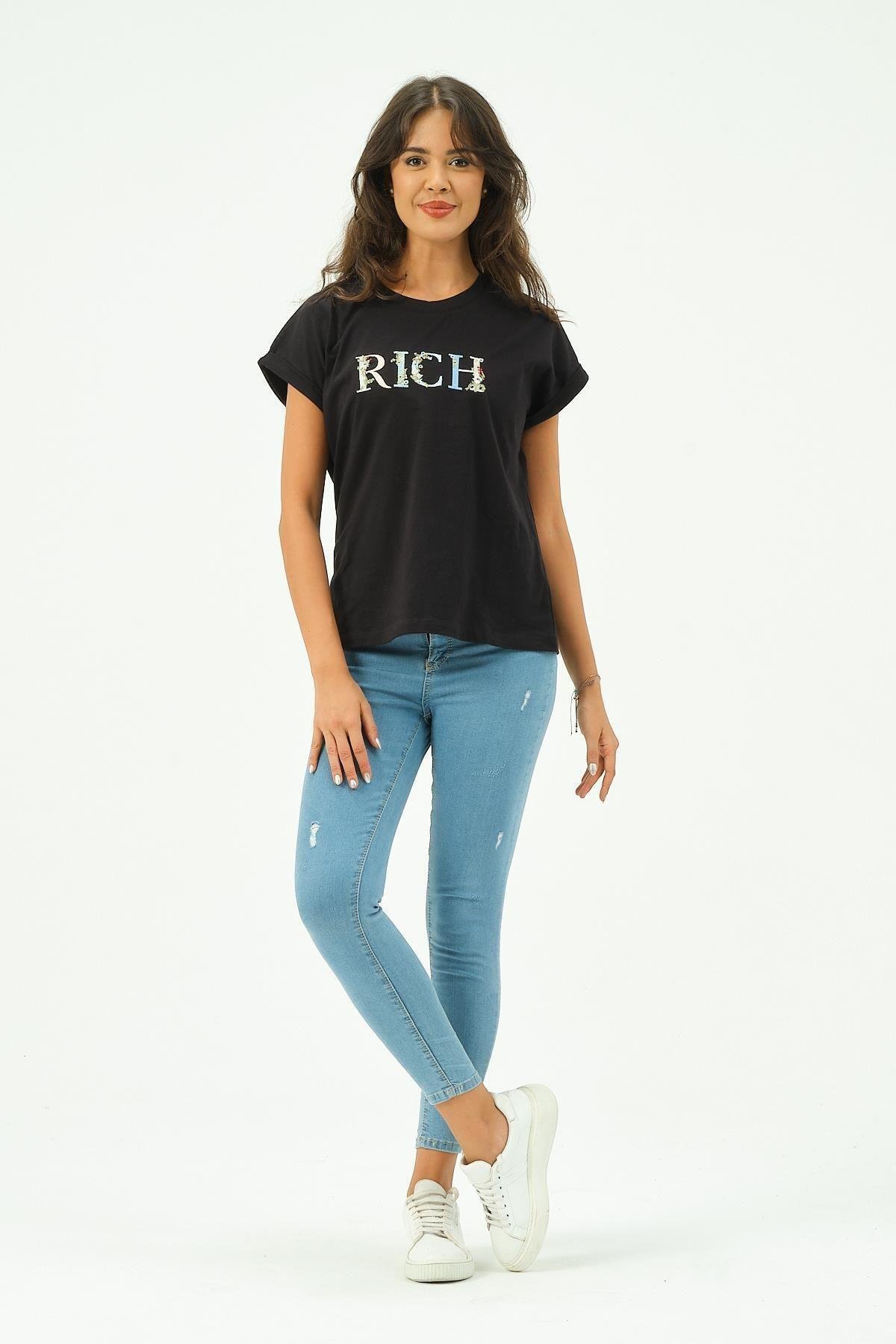 Siyah Kadın Rich Nakışlı Tişört tshirt