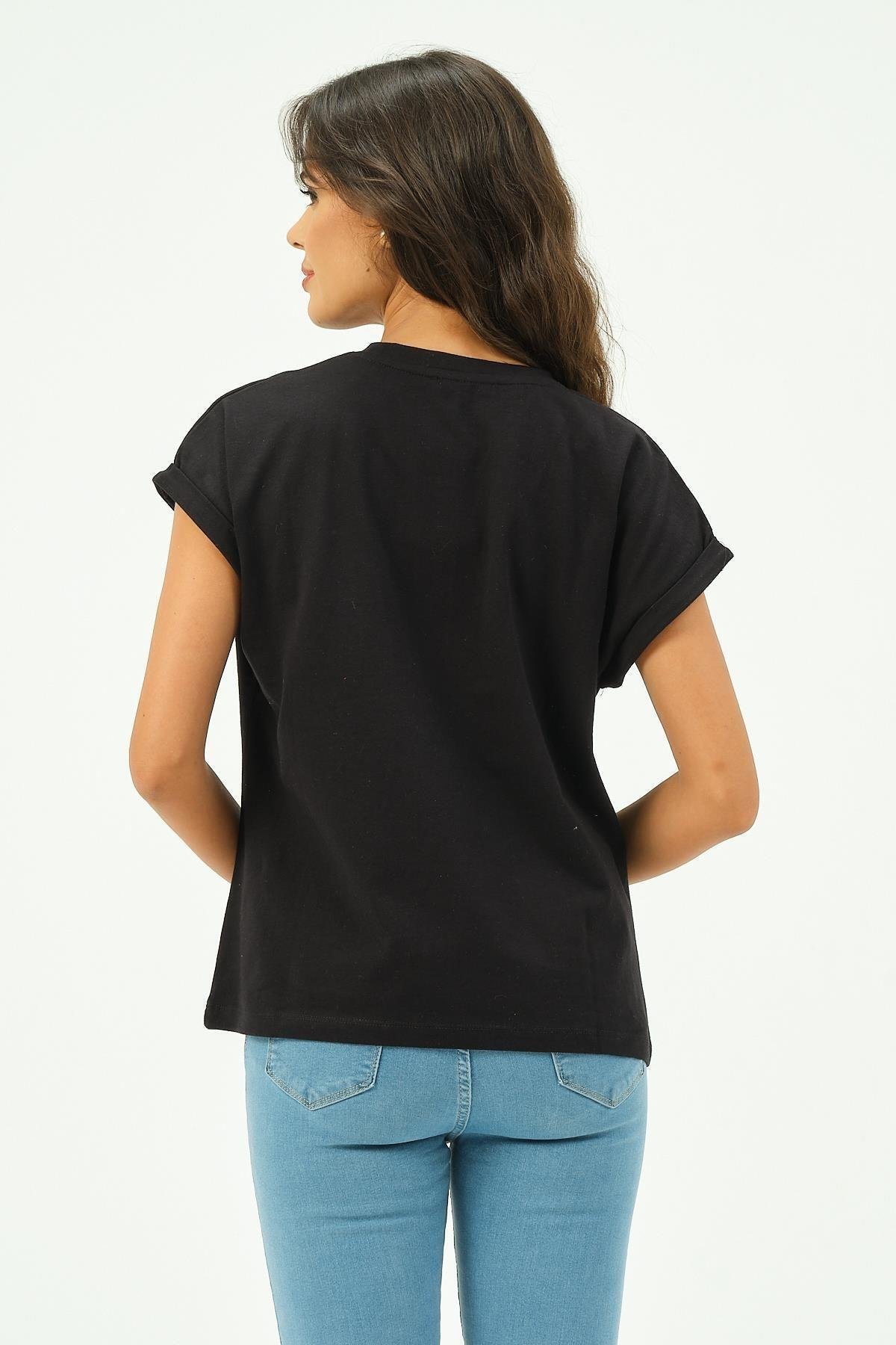 Siyah Kadın Rich Nakışlı Tişört tshirt