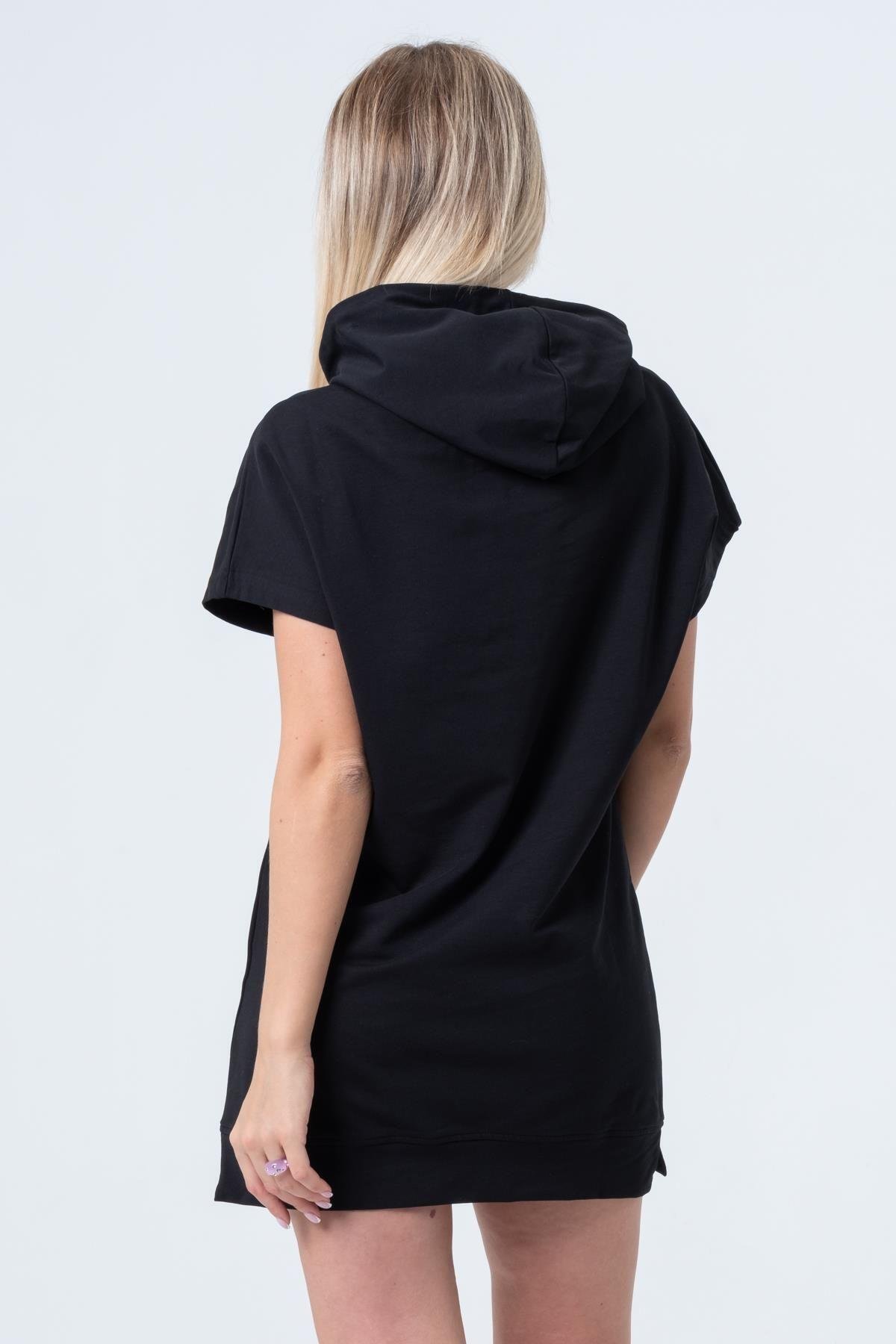 Siyah Uzun Sweatshirt Elbise Tunik Kısa Kollu Kanguru Cepli