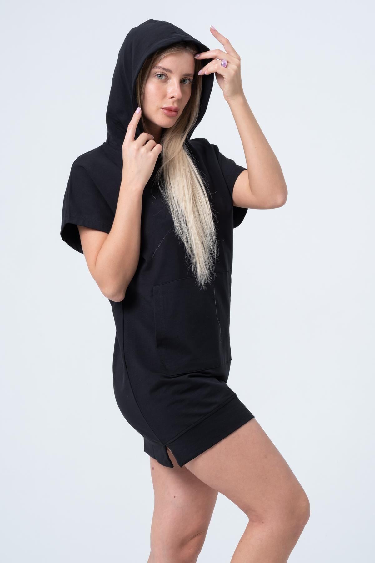 Siyah Uzun Sweatshirt Elbise Tunik Kısa Kollu Kanguru Cepli