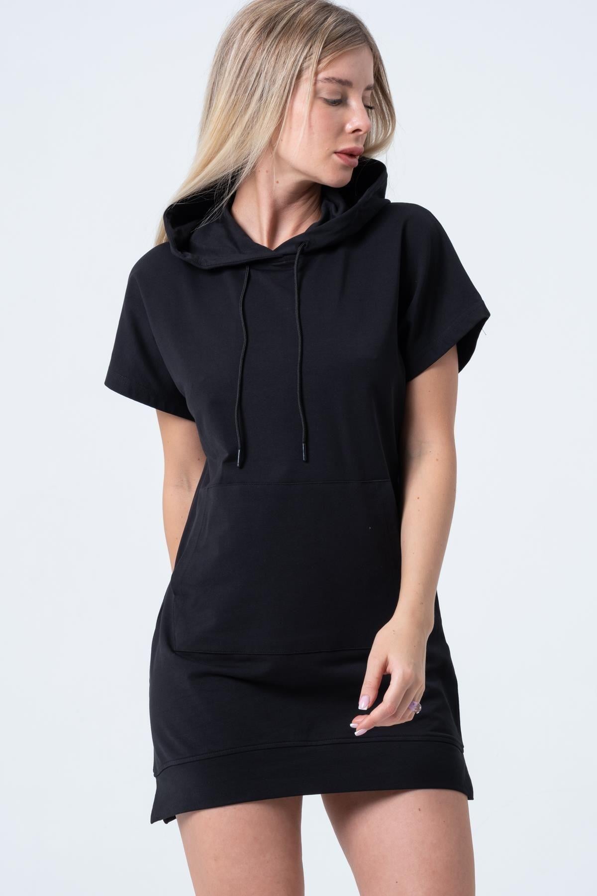 Siyah Uzun Sweatshirt Elbise Tunik Kısa Kollu Kanguru Cepli