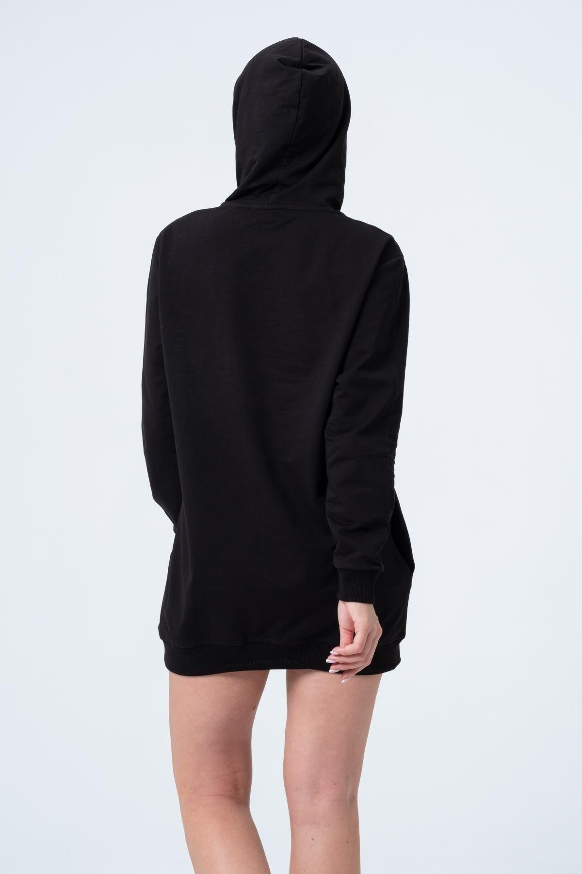 Siyah Uzun Sweatshirt Elbise Tunik Uzun Kollu Yandan Cepli