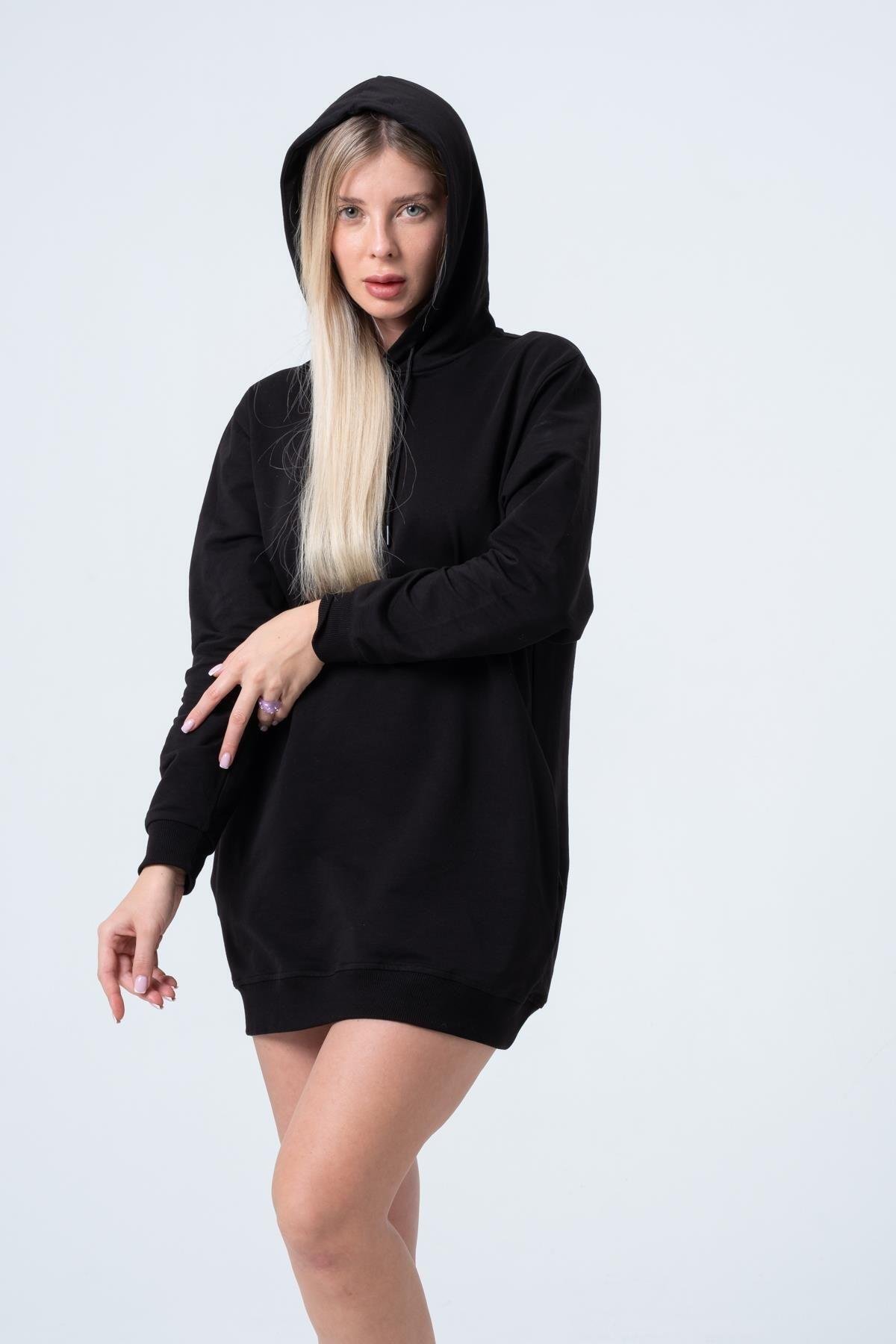Siyah Uzun Sweatshirt Elbise Tunik Uzun Kollu Yandan Cepli