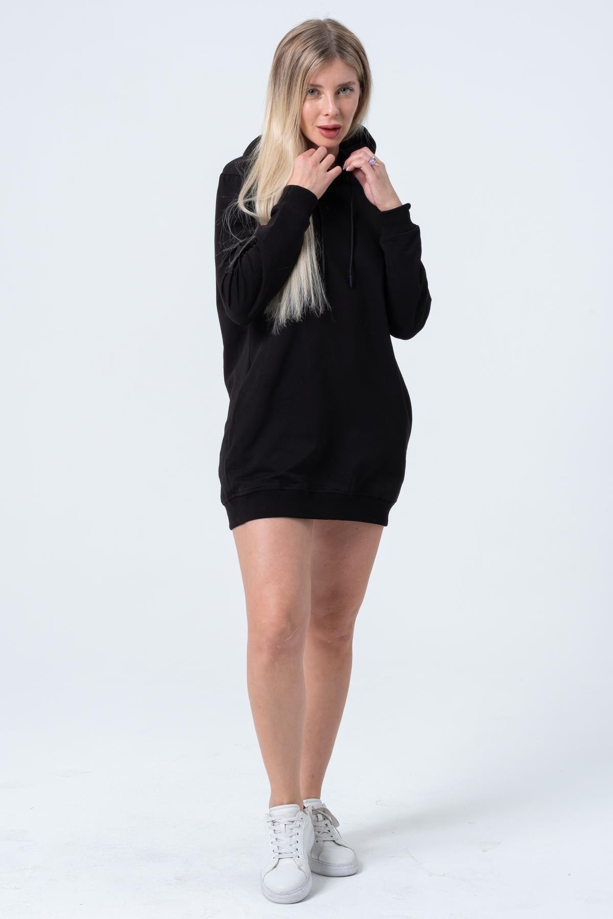 Siyah Uzun Sweatshirt Elbise Tunik Uzun Kollu Yandan Cepli