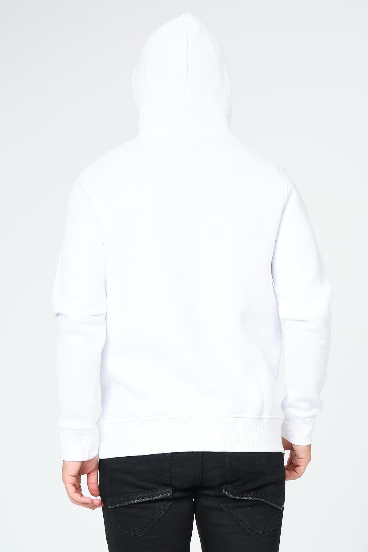 Süzene Nakış Ayı Baskılı Kapüşonlu Beyaz Sweatshirt Polarlı