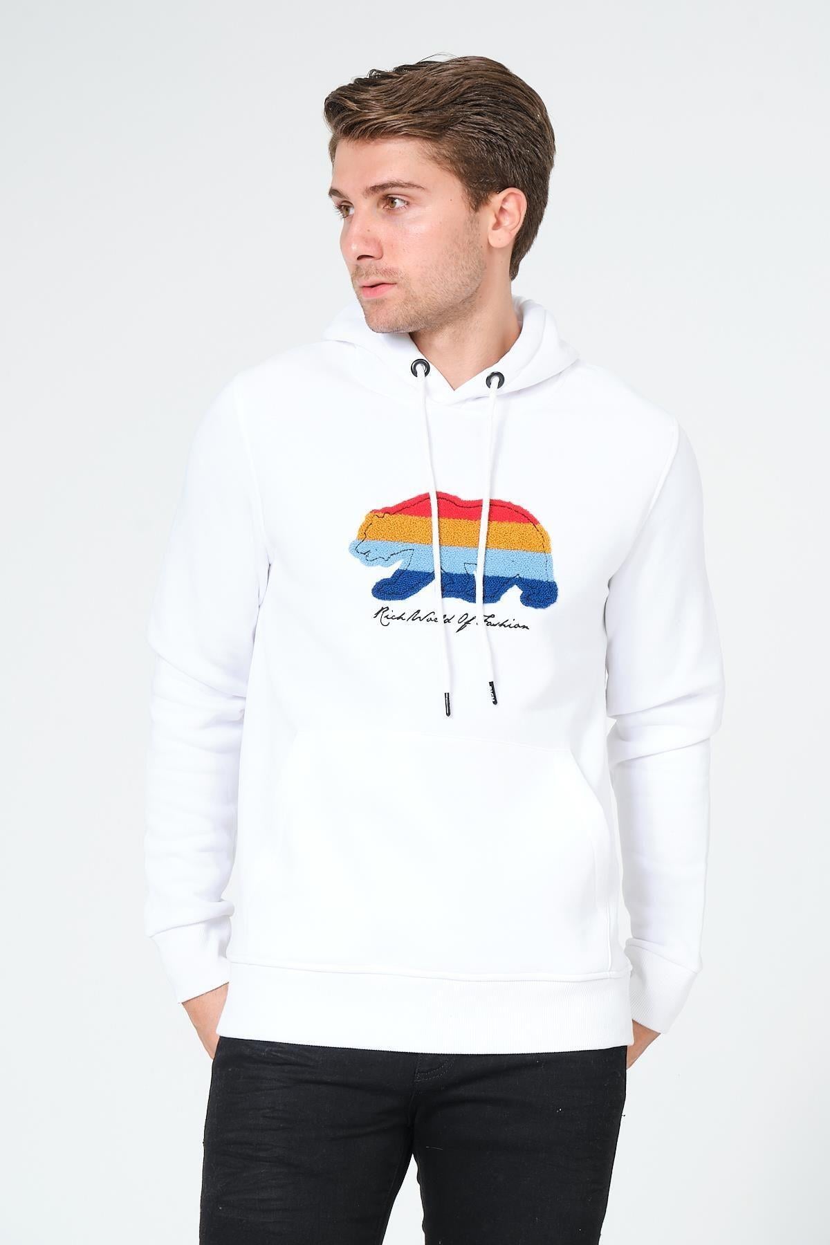 Süzene Nakış Ayı Baskılı Kapüşonlu Beyaz Sweatshirt Polarlı