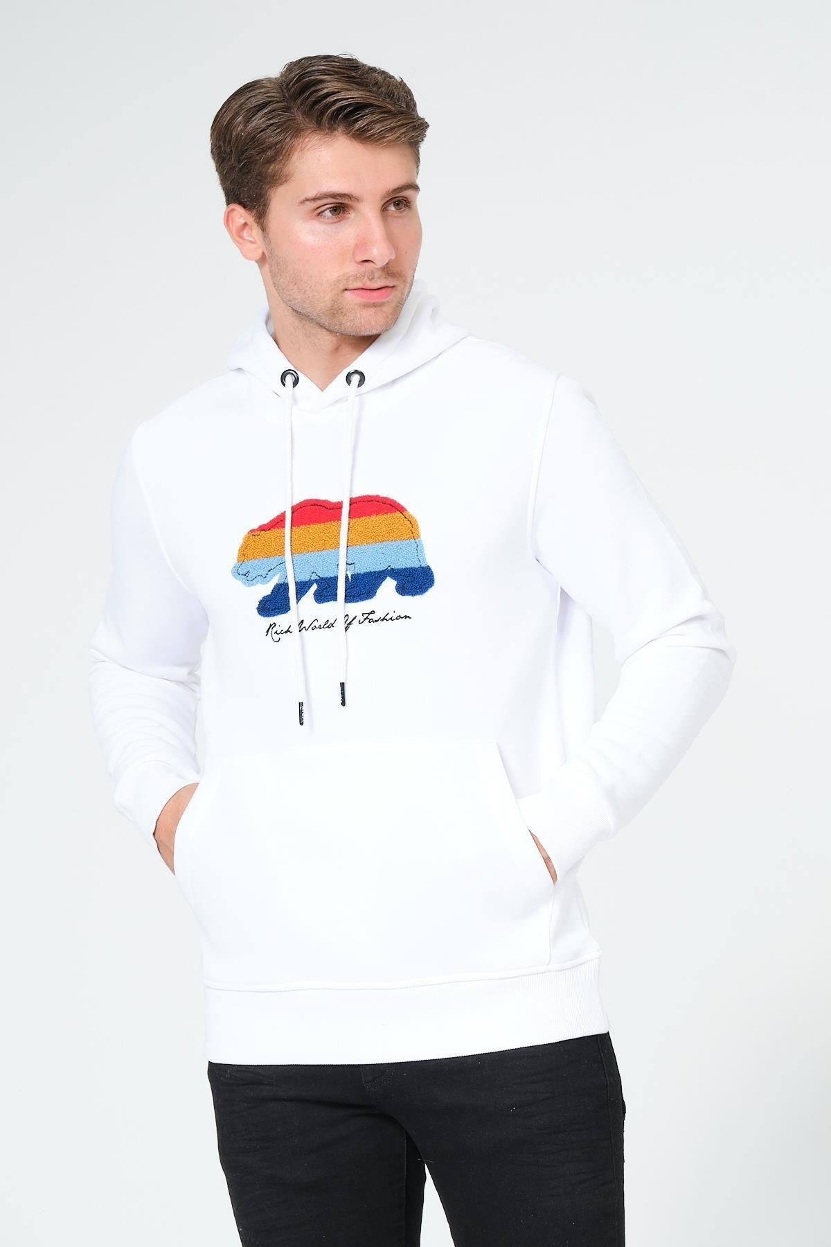 Süzene Nakış Ayı Baskılı Kapüşonlu Beyaz Sweatshirt Polarlı