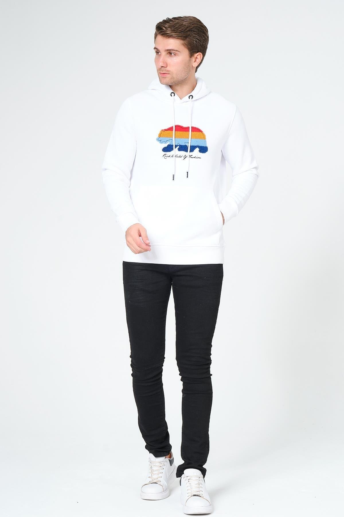 Süzene Nakış Ayı Baskılı Kapüşonlu Beyaz Sweatshirt Polarlı
