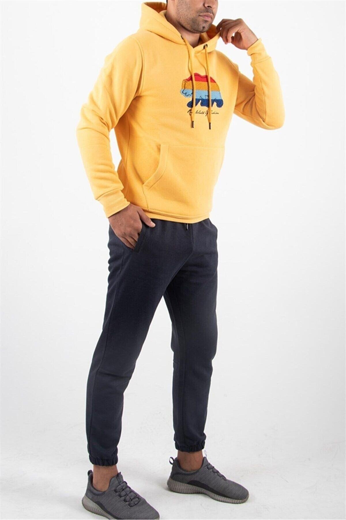 Süzene Nakış Ayı Baskılı Kapüşonlu Hardal Sweatshirt Polarlı