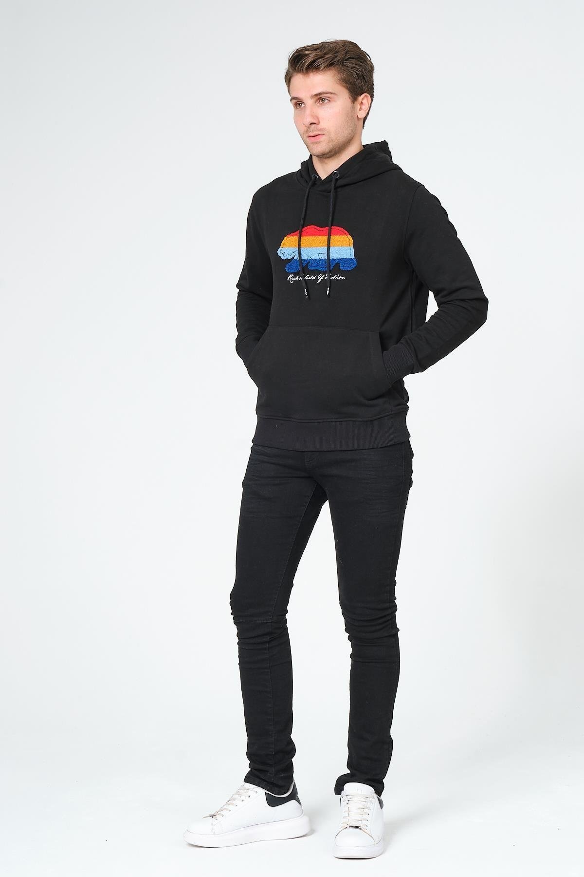 Süzene Nakış Ayı Baskılı Kapüşonlu Lacivert Sweatshirt Polarlı
