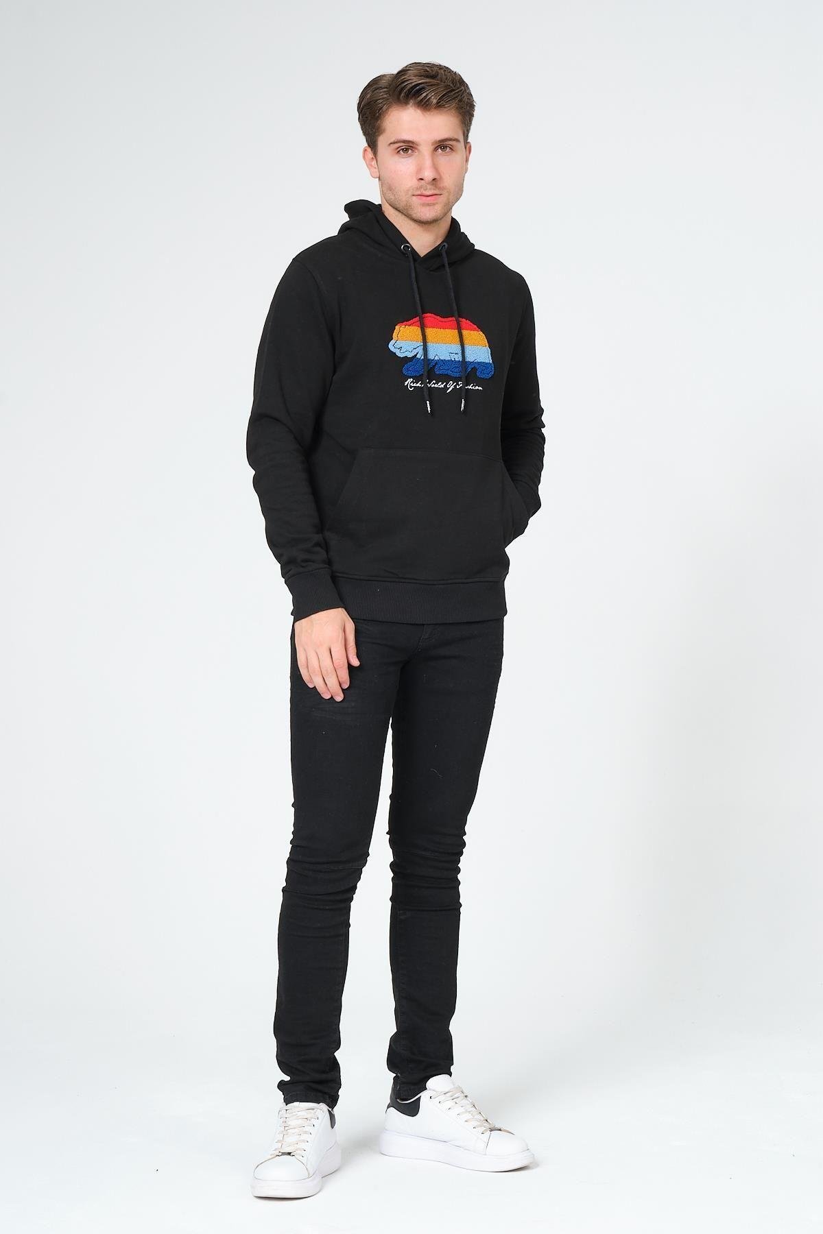 Süzene Nakış Ayı Baskılı Kapüşonlu Lacivert Sweatshirt Polarlı