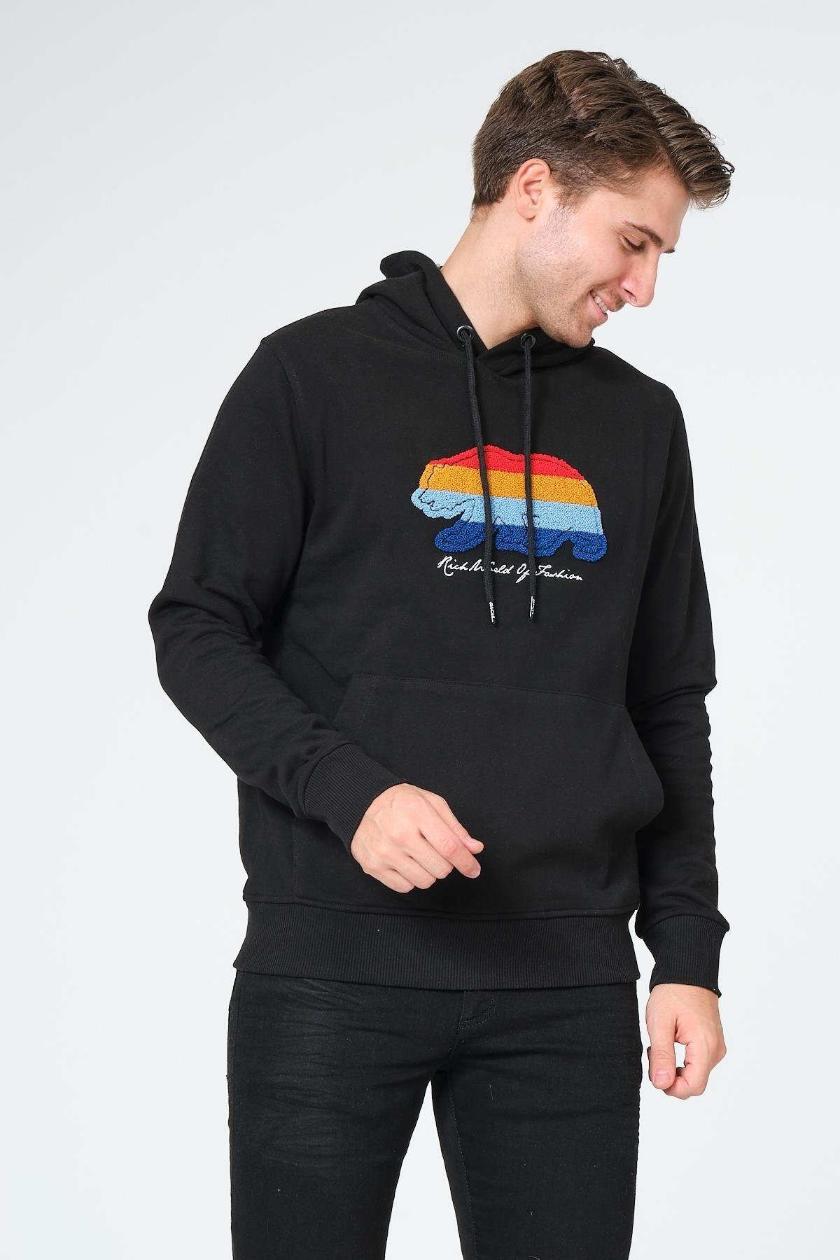 Süzene Nakış Ayı Baskılı Kapüşonlu Lacivert Sweatshirt Polarlı