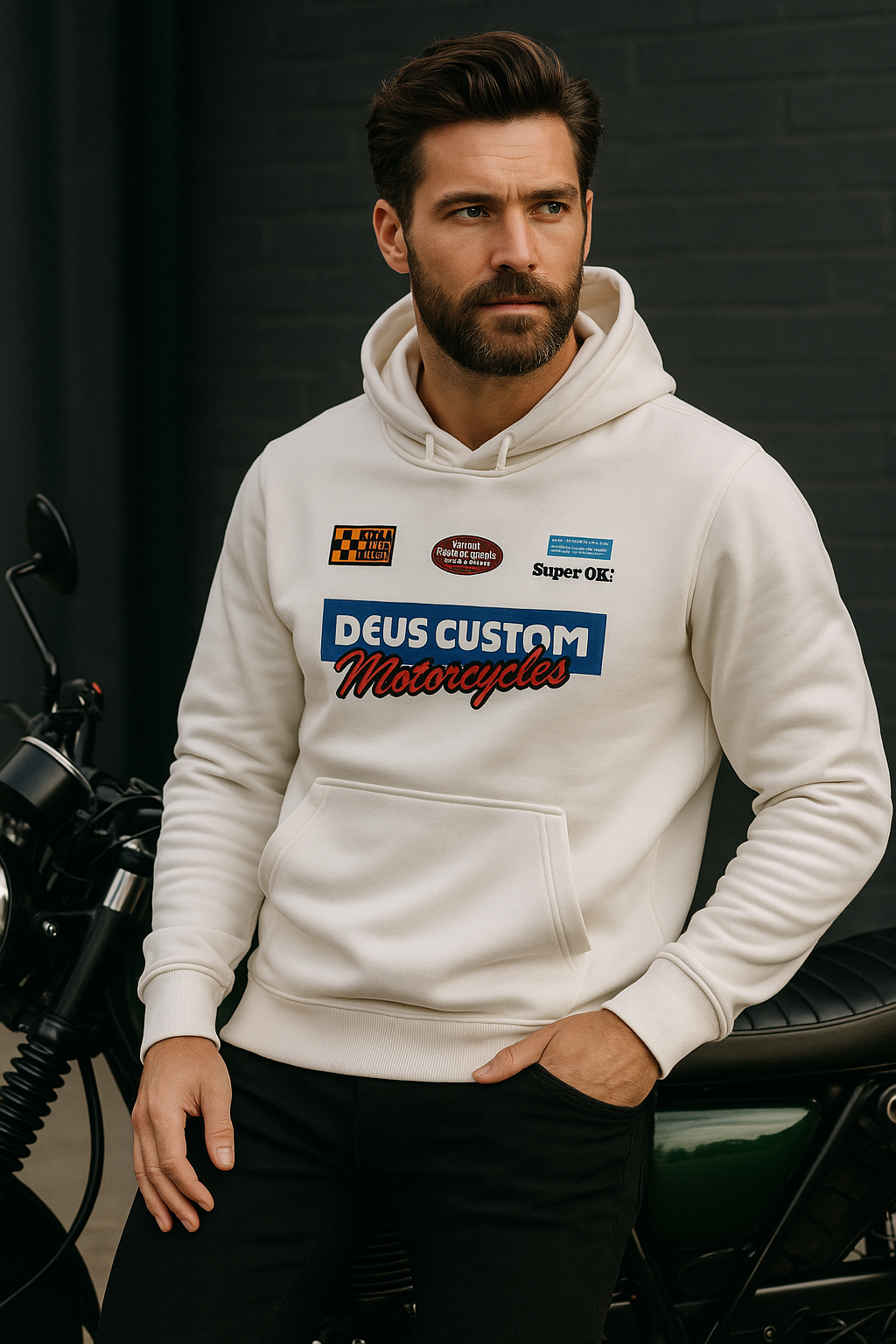 Unisex Beyaz Kapüşonlu Baskılı %100 Pamuk Cep Detaylı Sweatshirt