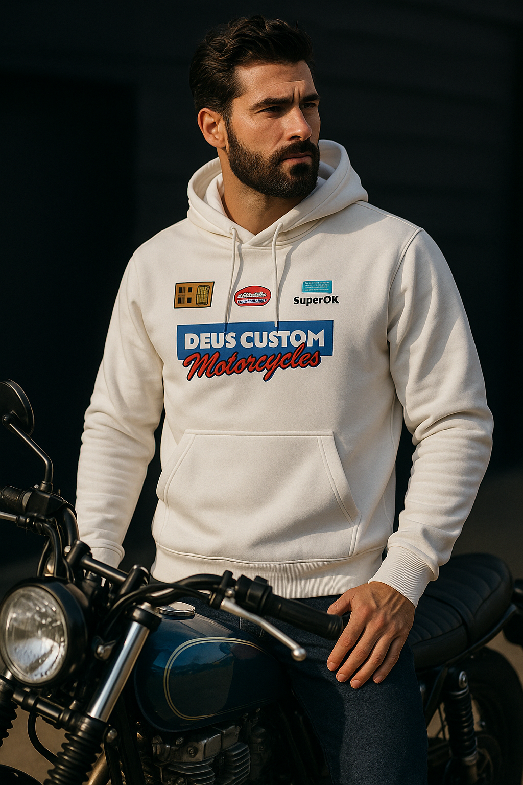 Unisex Beyaz Kapüşonlu Baskılı %100 Pamuk Cep Detaylı Sweatshirt