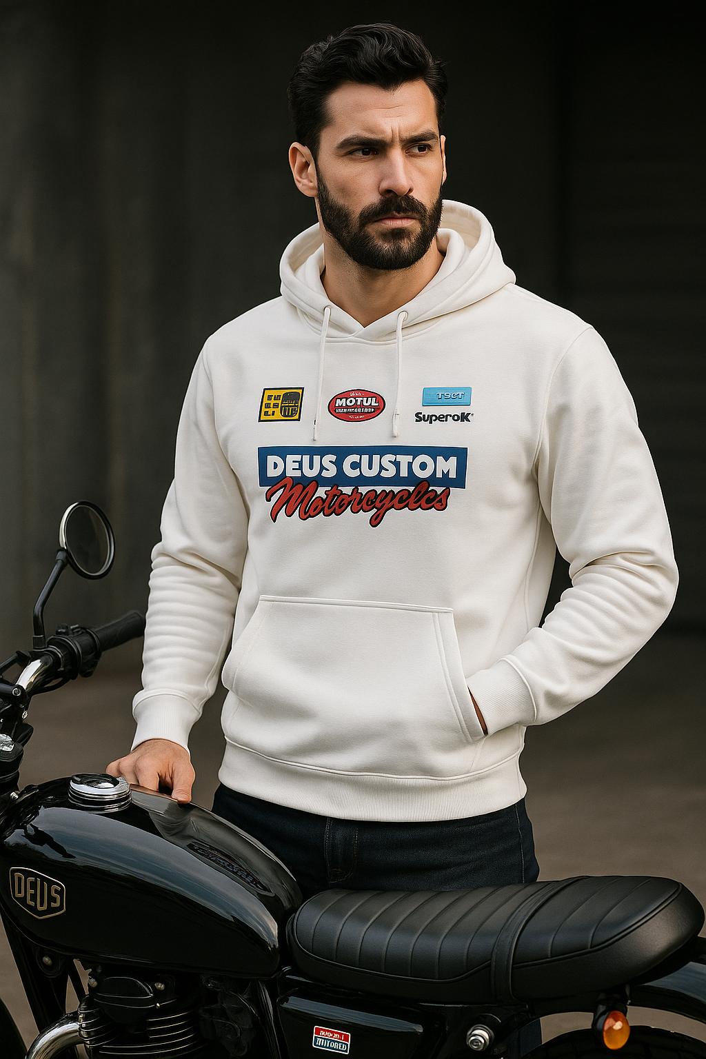 Unisex Beyaz Kapüşonlu Baskılı %100 Pamuk Cep Detaylı Sweatshirt