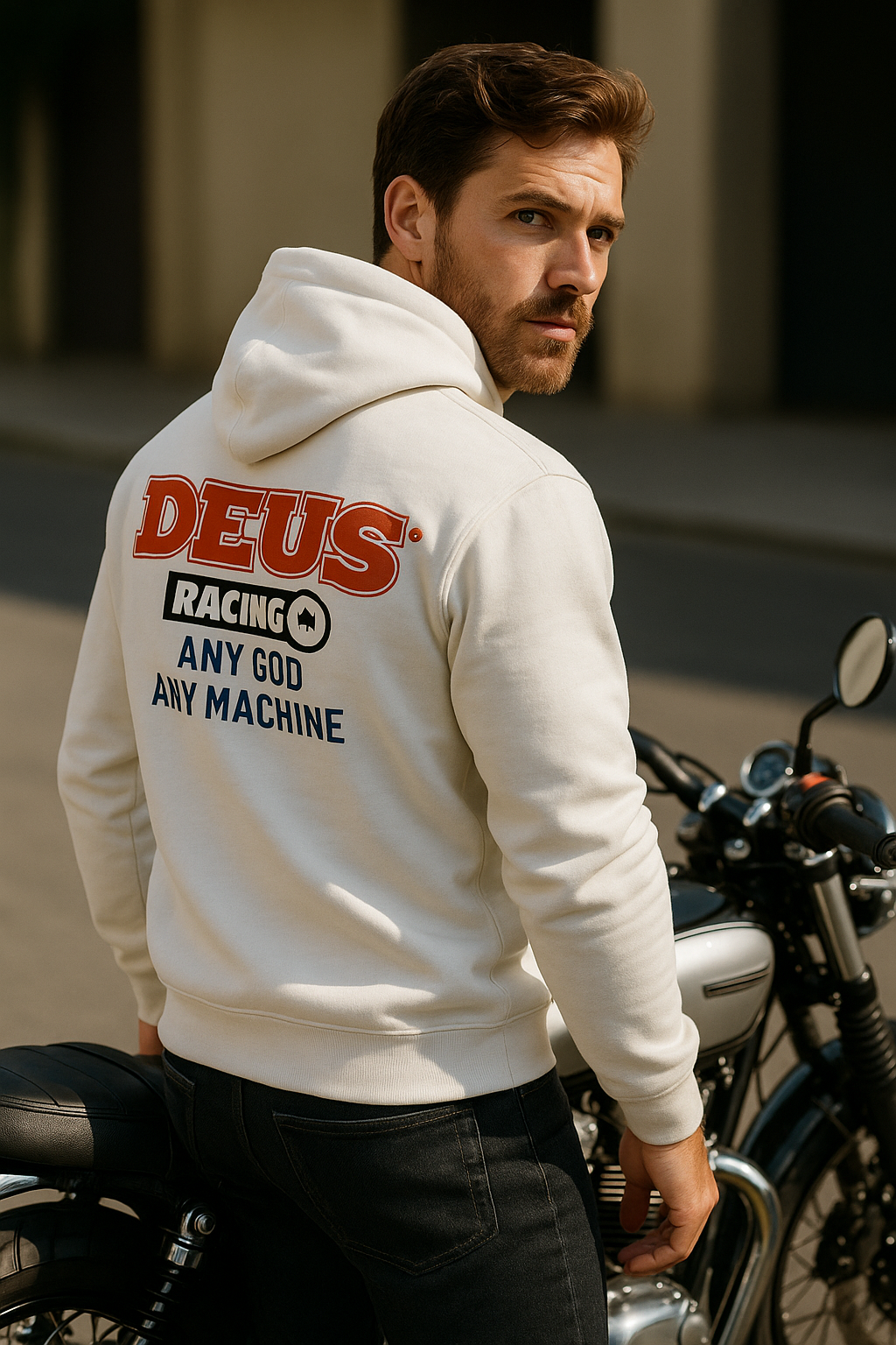 Unisex Beyaz Kapüşonlu Baskılı %100 Pamuk Cep Detaylı Sweatshirt