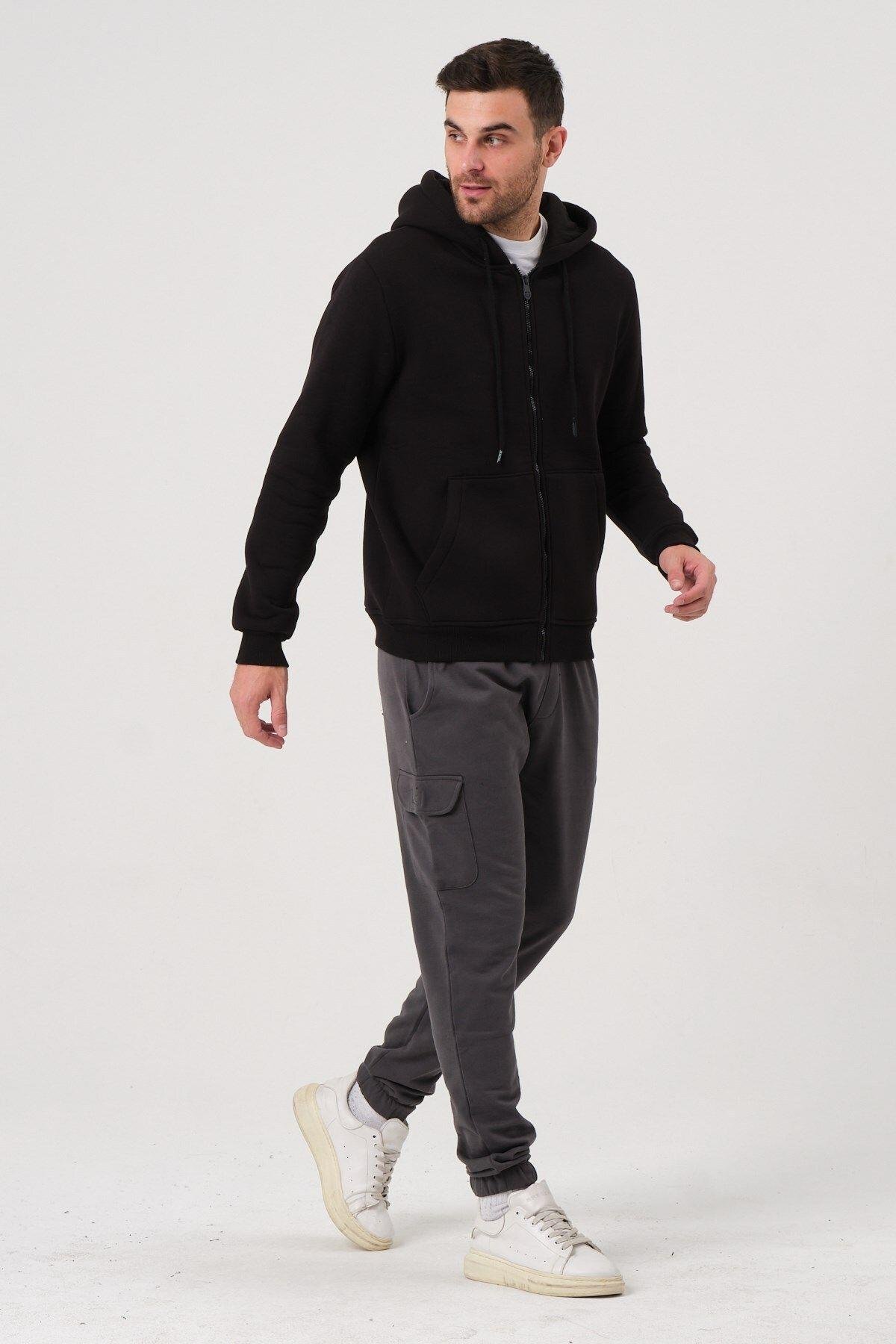 Unisex Fermuarlı Kanguru Cep 3 Iplik Sweatshirt Içi Polar