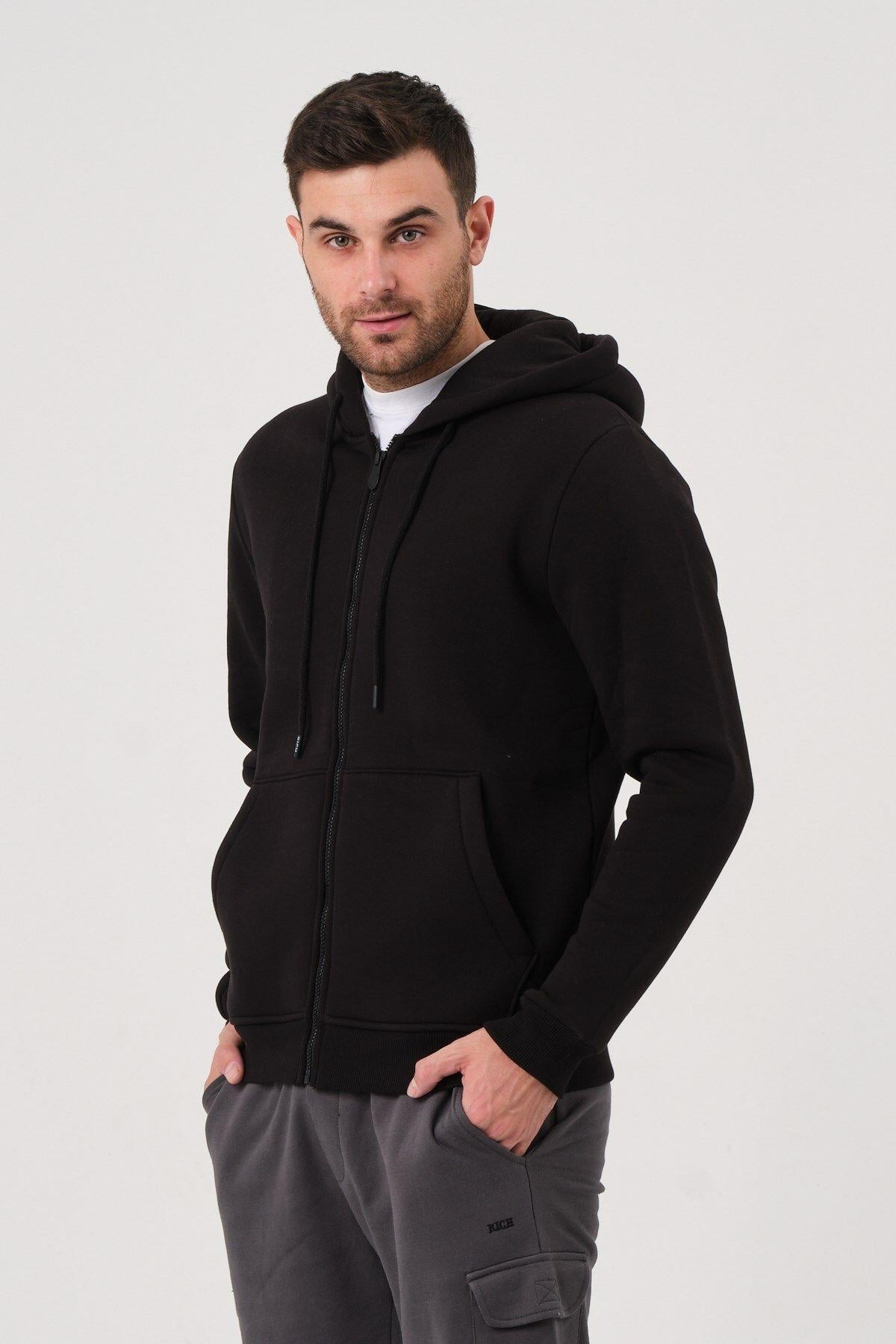 Unisex Fermuarlı Kanguru Cep 3 Iplik Sweatshirt Içi Polar