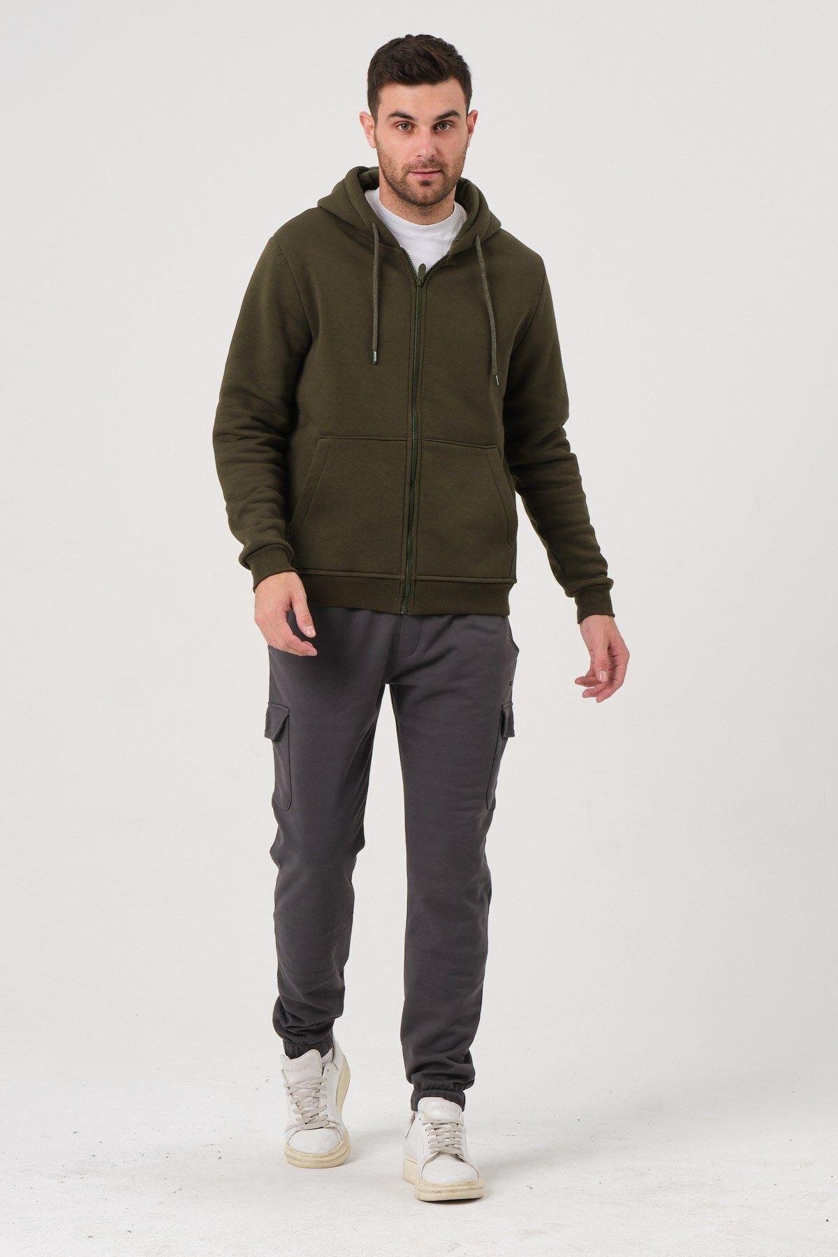 Unisex Fermuarlı Kanguru Cep 3 Iplik Sweatshirt Içi Polar