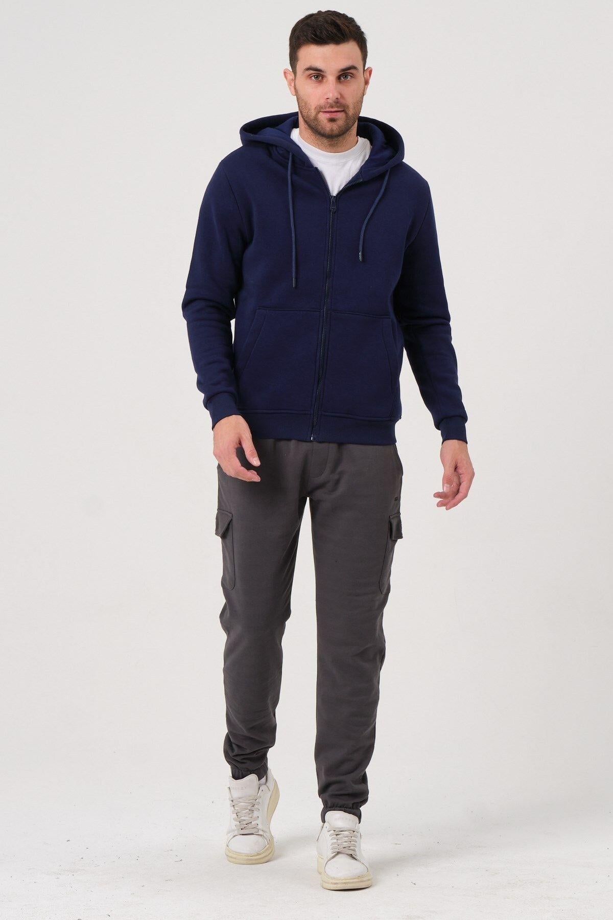 Unisex Fermuarlı Kanguru Cep 3 Iplik Sweatshirt Içi Polar