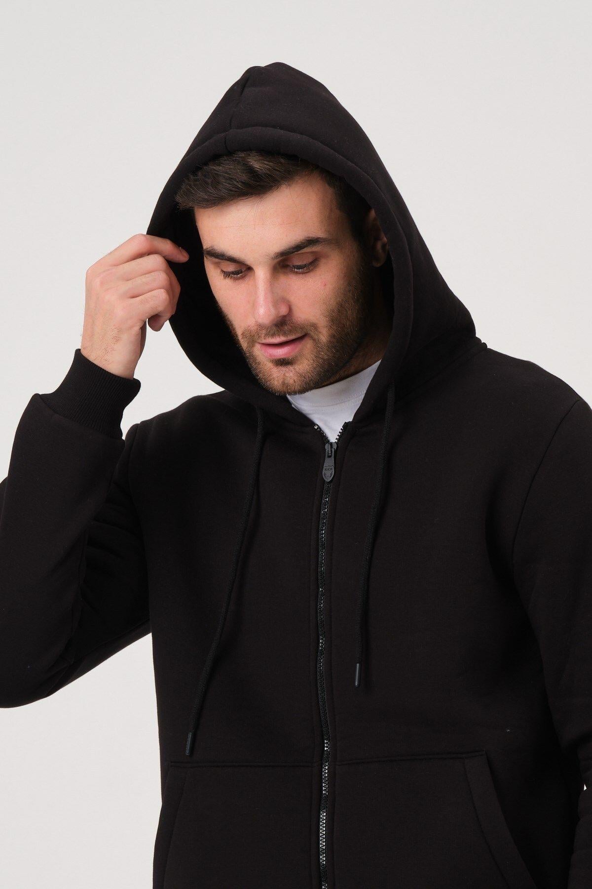 Unisex Fermuarlı Kanguru Cep 3 Iplik Sweatshirt Içi Polar