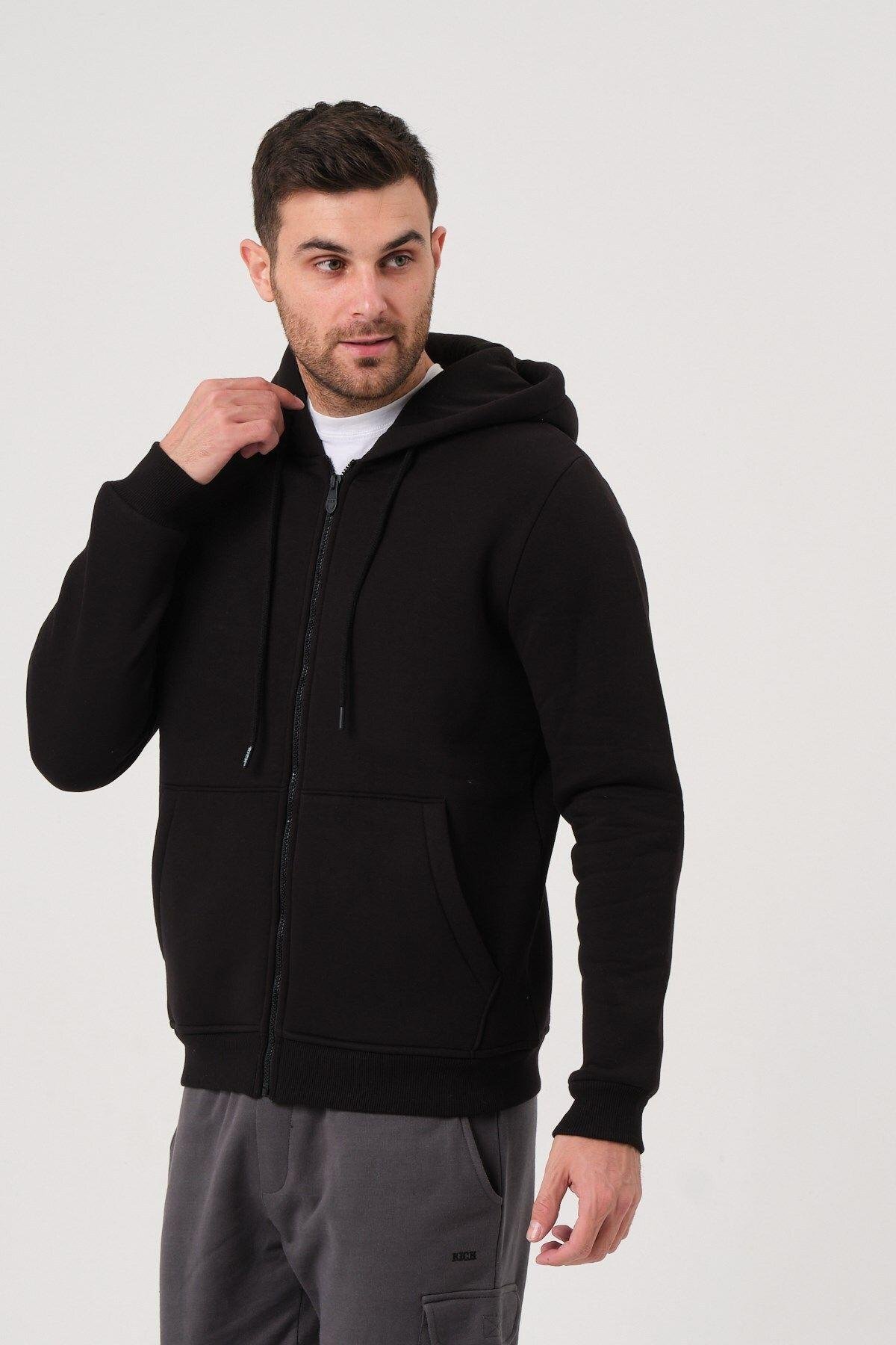 Unisex Fermuarlı Kanguru Cep 3 Iplik Sweatshirt Içi Polar