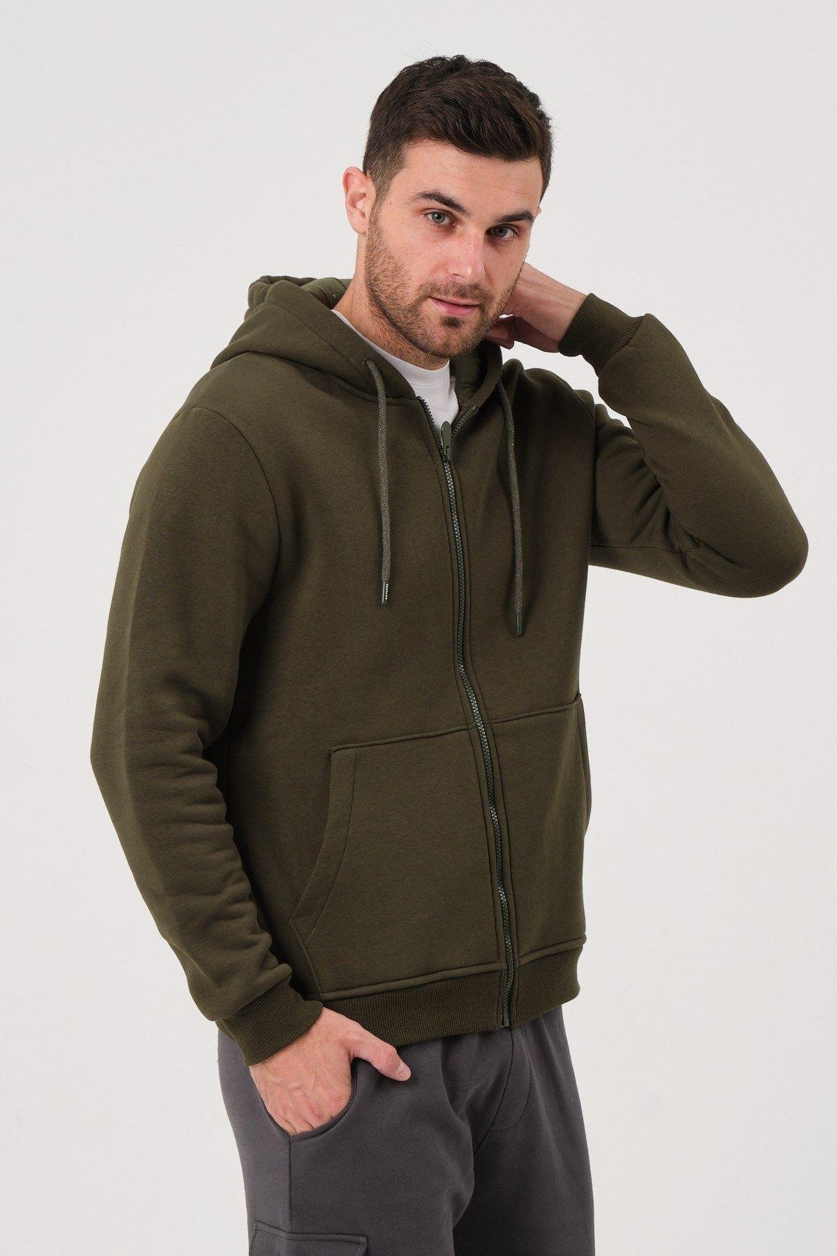 Unisex Fermuarlı Kanguru Cep 3 Iplik Sweatshirt Içi Polar