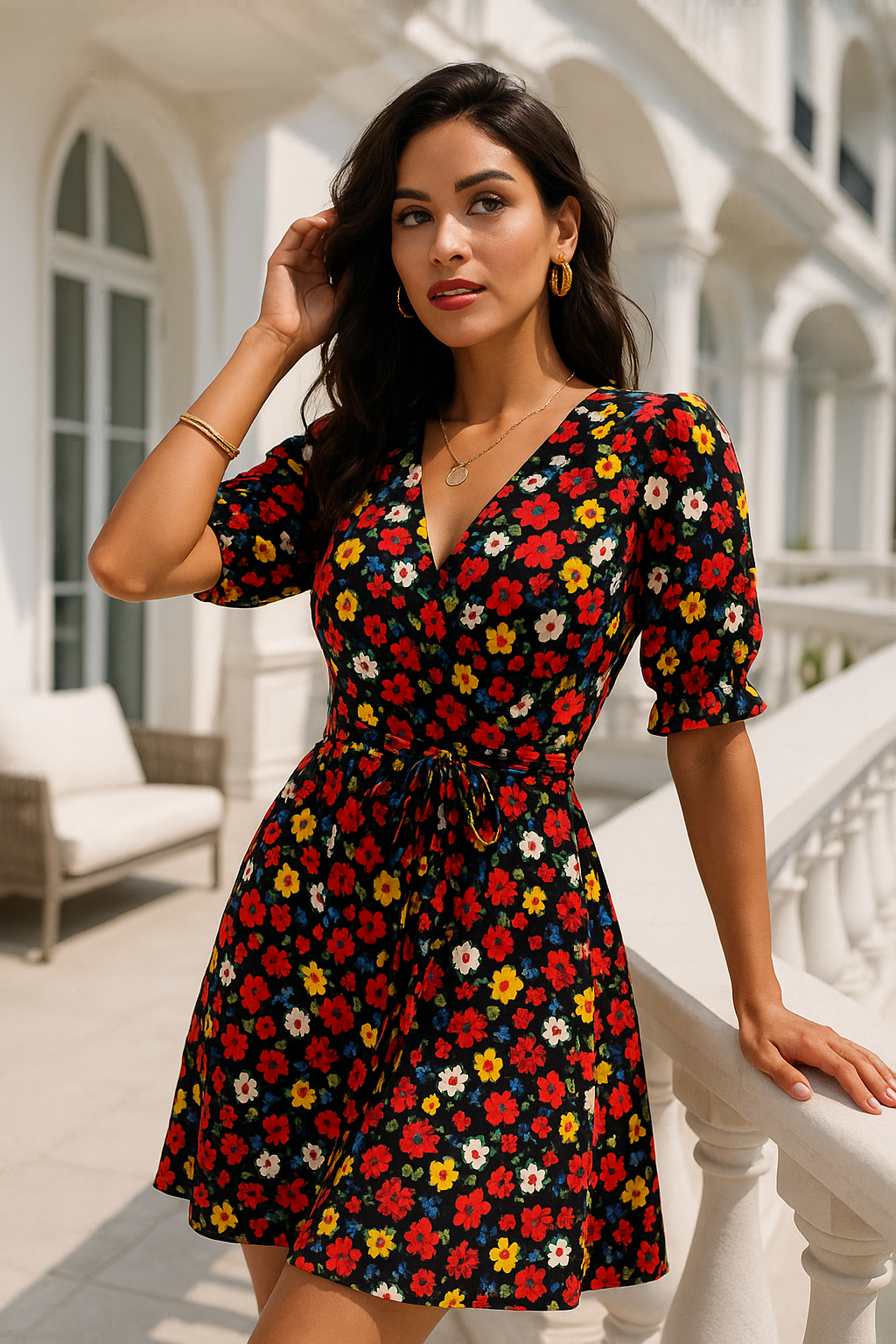 V Yaka Desenli Kadın Elbise – Kemer Detaylı Şık Model