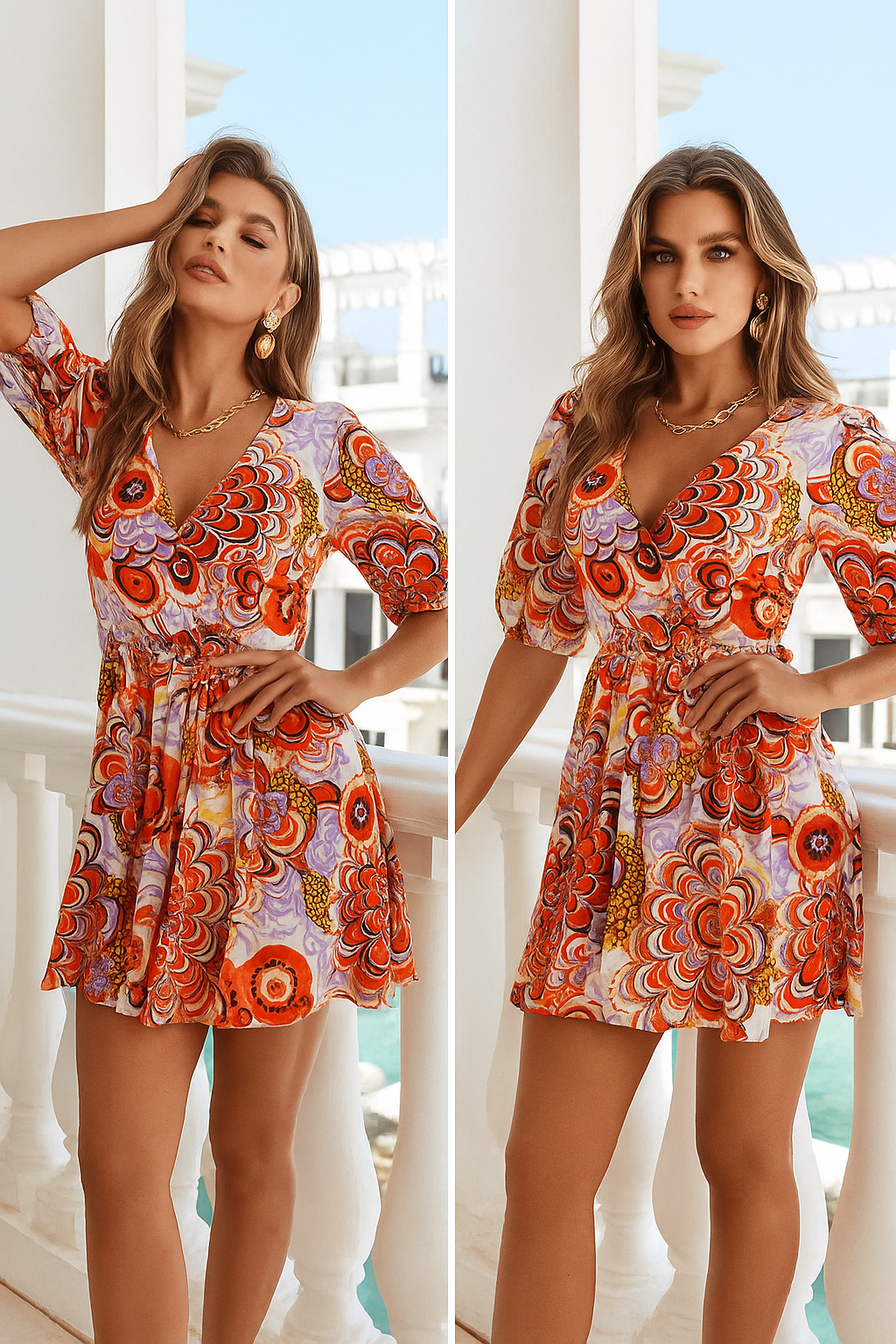 V Yaka Desenli Kadın Elbise – Kemer Detaylı Şık Model