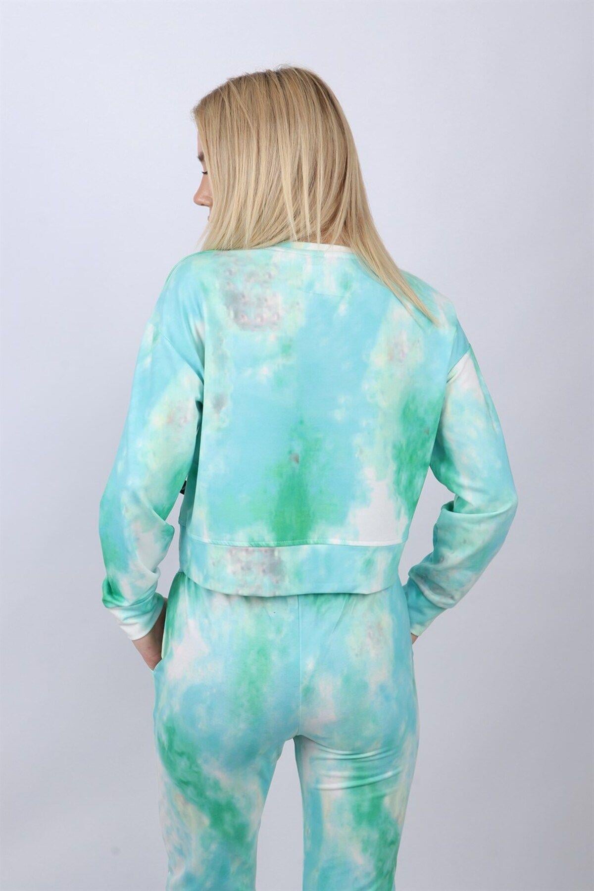 Yeşil Kadın Crop Batik Sweatshirt