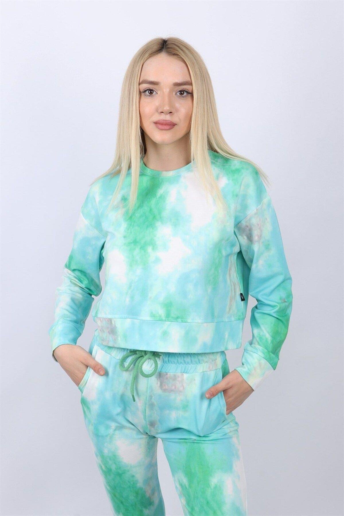 Yeşil Kadın Crop Batik Sweatshirt