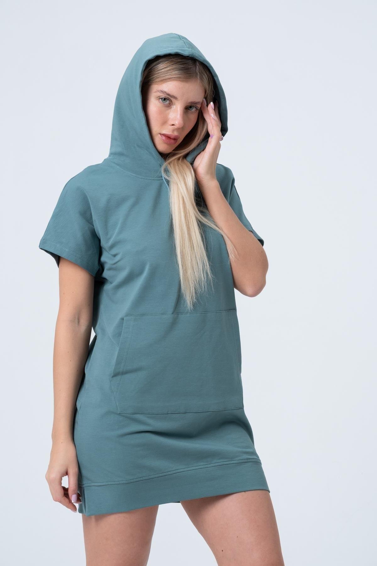 Yeşil Uzun Sweatshirt Elbise Tunik Kısa Kollu Kanguru Cepli