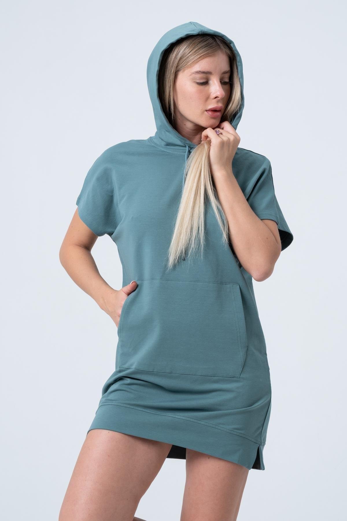 Yeşil Uzun Sweatshirt Elbise Tunik Kısa Kollu Kanguru Cepli