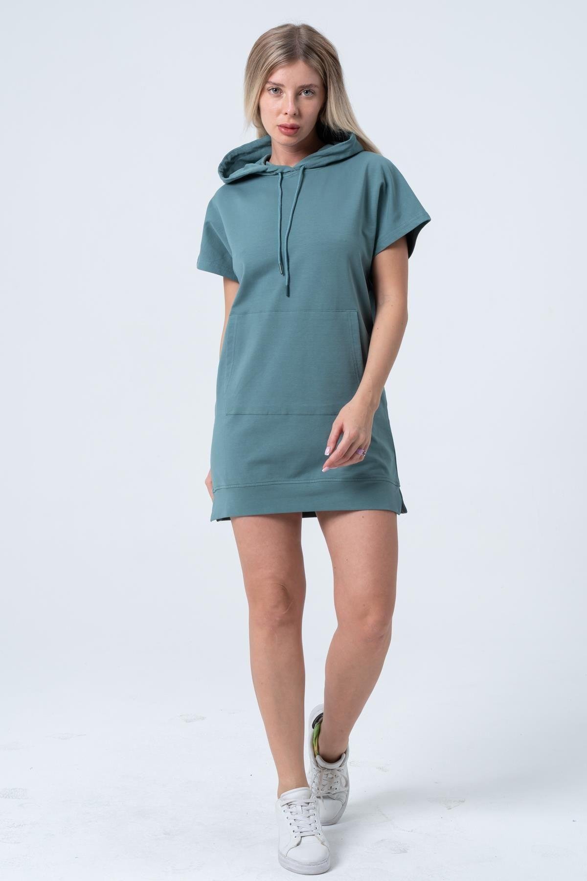 Yeşil Uzun Sweatshirt Elbise Tunik Kısa Kollu Kanguru Cepli