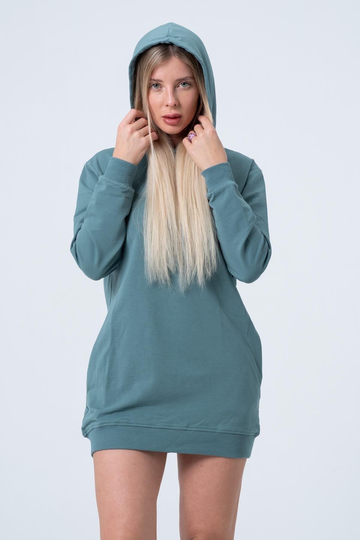 Yeşil Uzun Sweatshirt Elbise Tunik Uzun Kollu Yandan Cepli