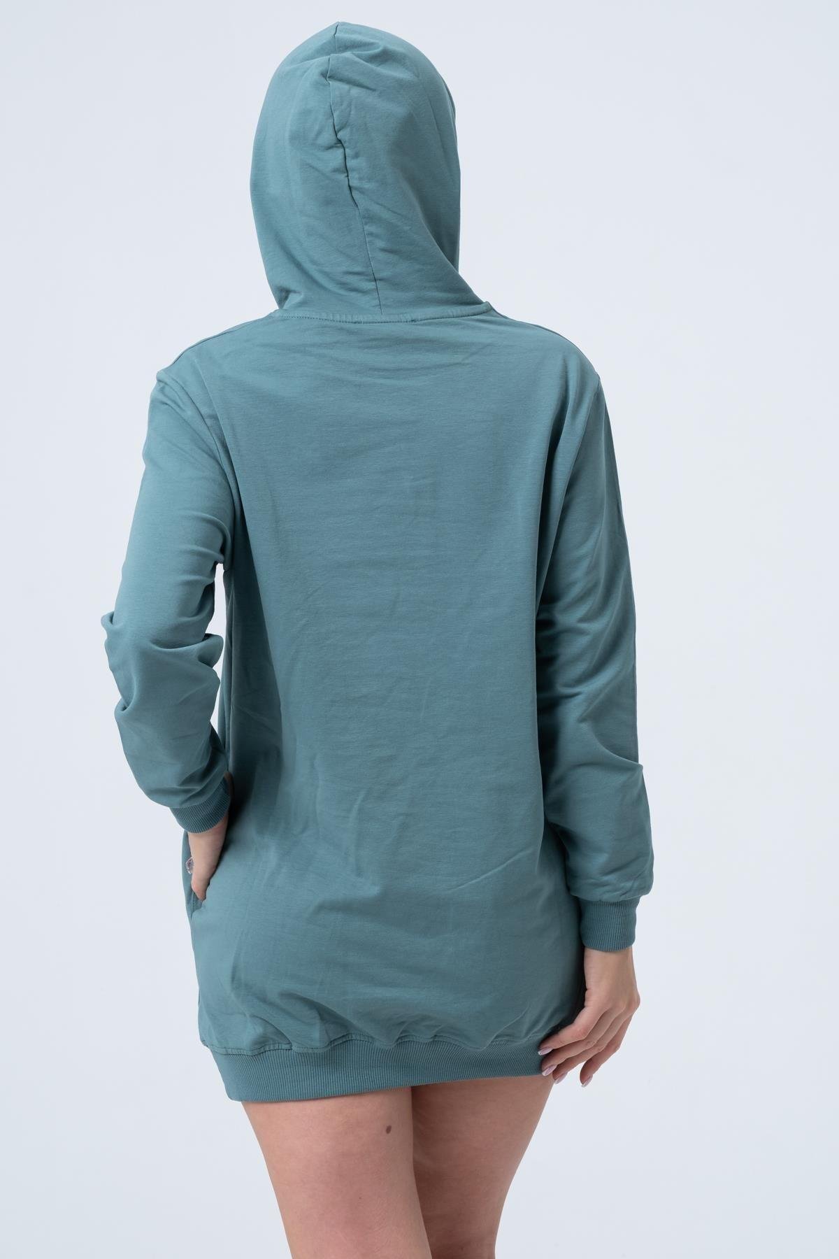 Yeşil Uzun Sweatshirt Elbise Tunik Uzun Kollu Yandan Cepli