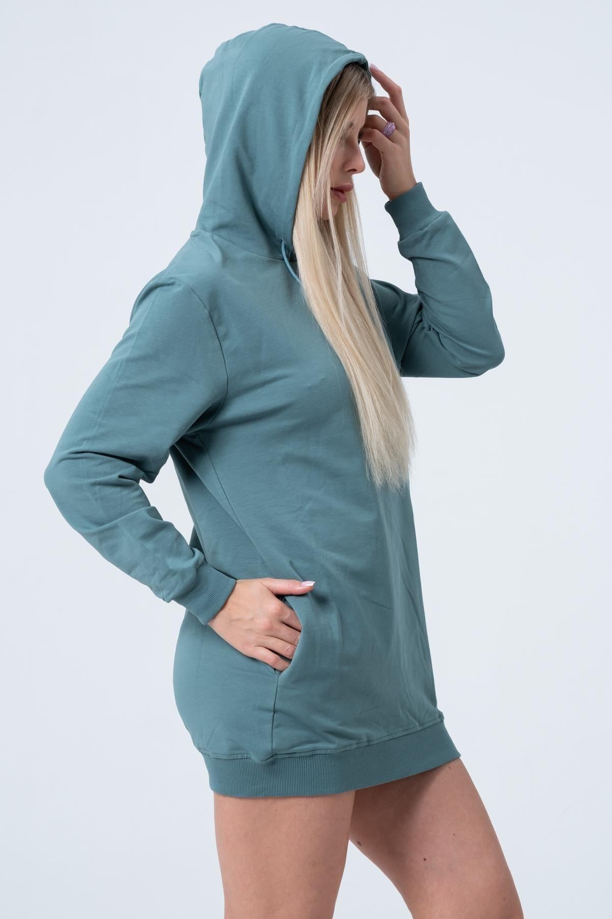 Yeşil Uzun Sweatshirt Elbise Tunik Uzun Kollu Yandan Cepli