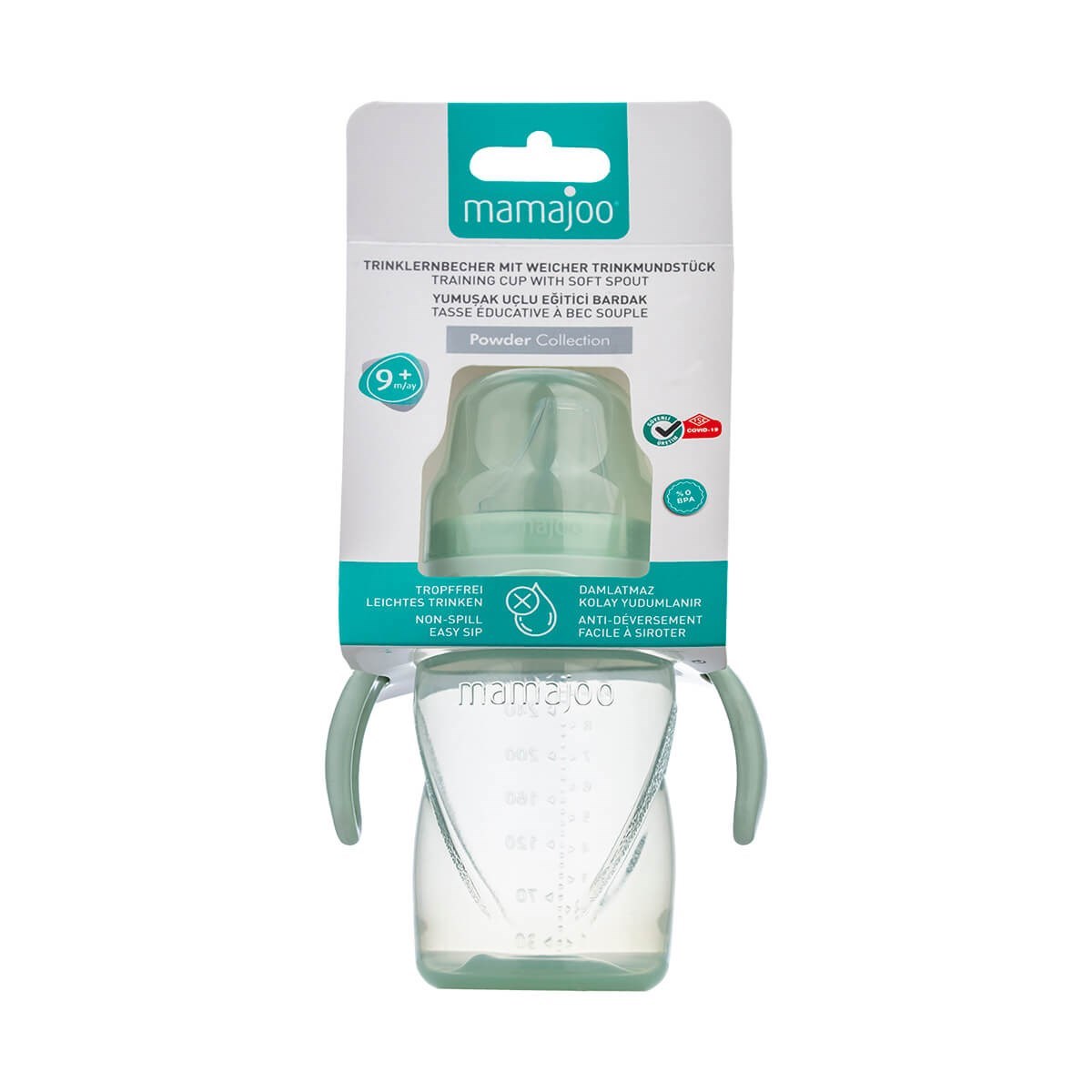 Mamajoo Kulplu Akıtmaz Eğitici Bardak Powder Green 270 ml & Anti-Kolik Bardak Ucu