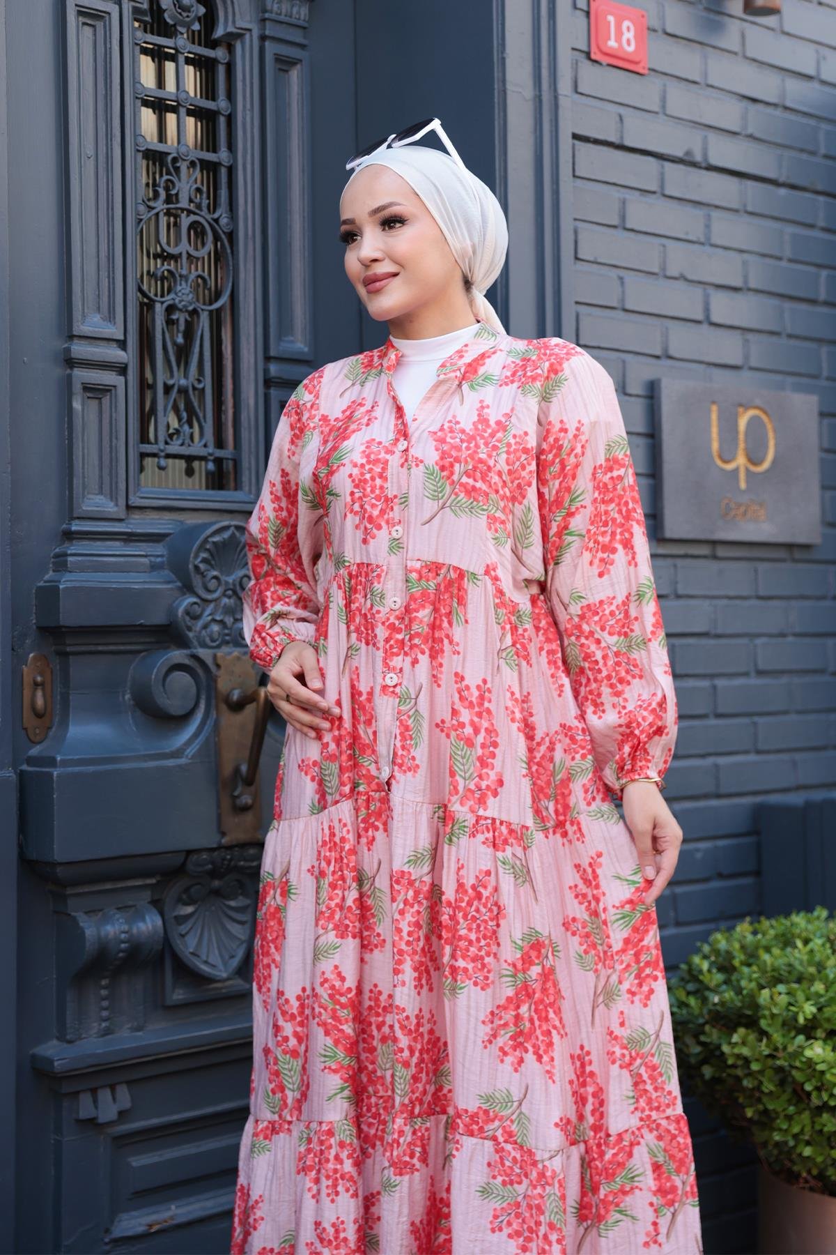 Ağaç Desenli Elbise Pudra